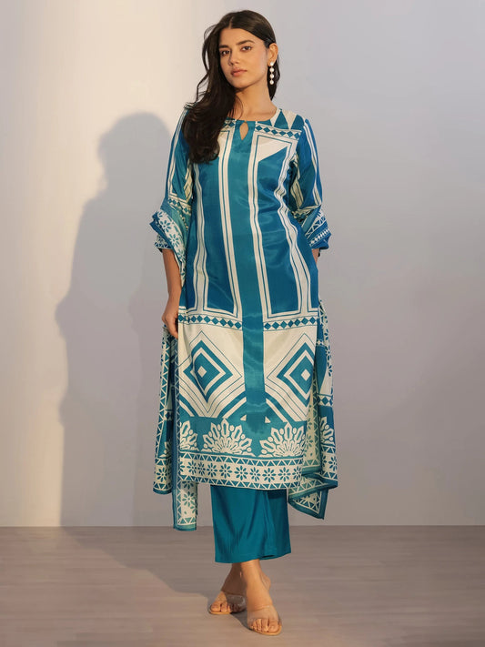 Teal Printed Silk Blend Straight Suit With Dupatta