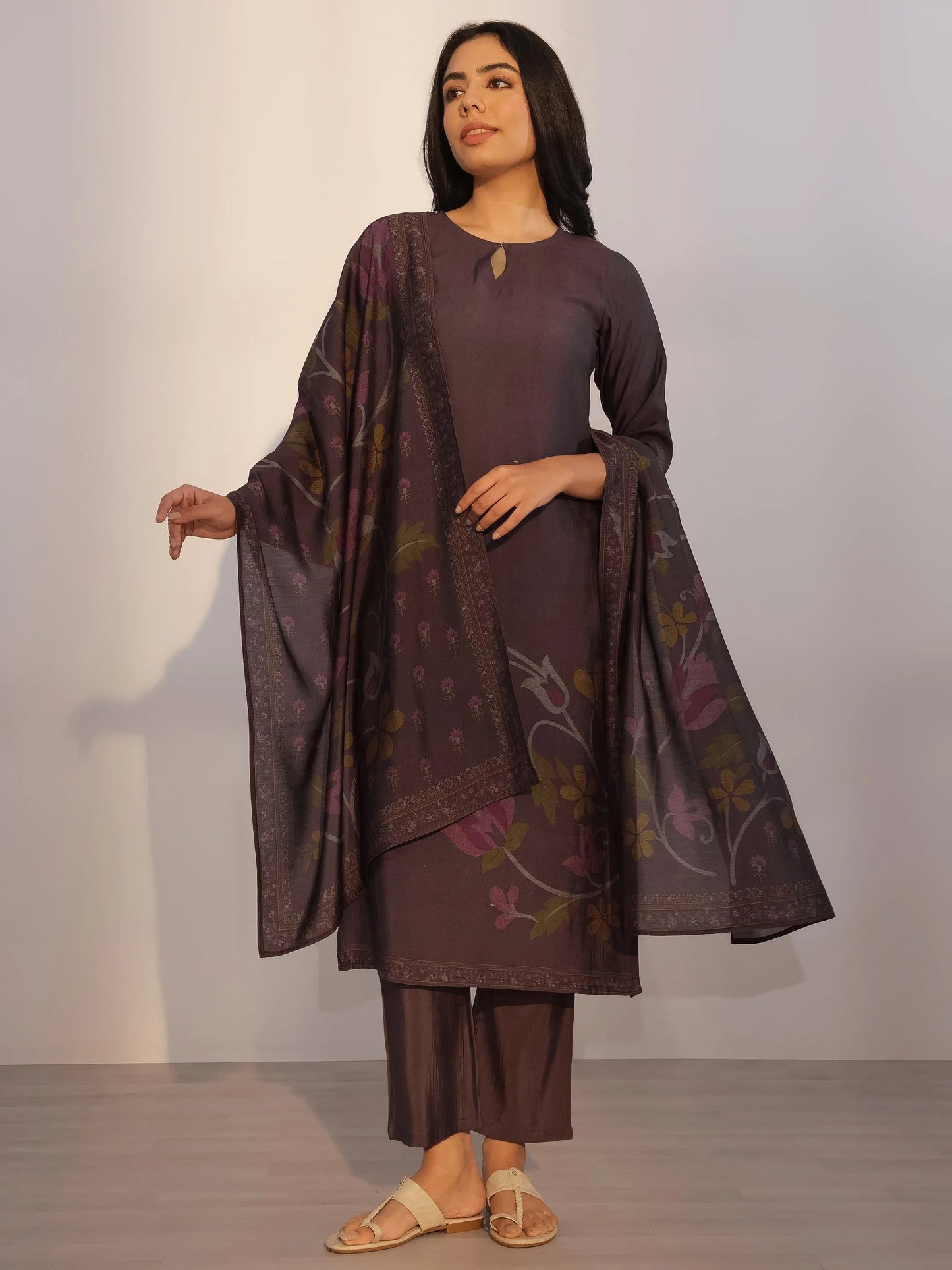 Grey Printed Silk Blend Straight Suit With Dupatta