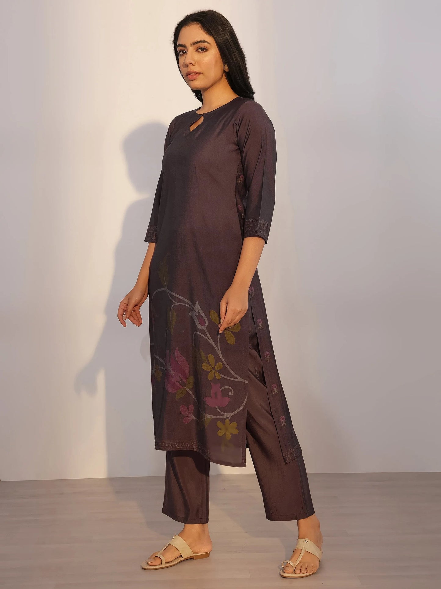 Grey Printed Silk Blend Straight Suit With Dupatta