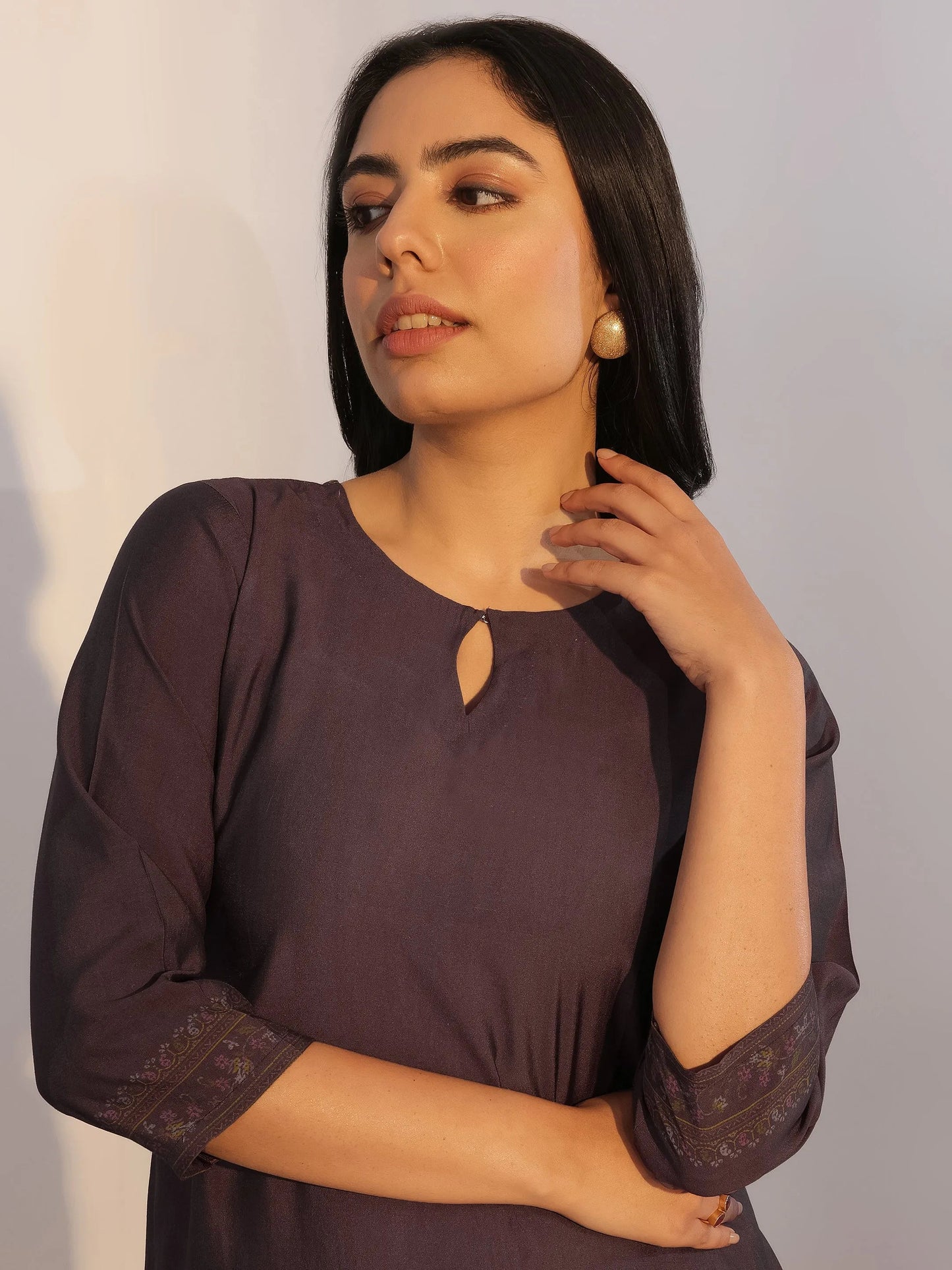 Grey Printed Silk Blend Straight Suit With Dupatta