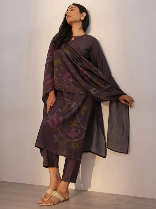 Grey Printed Silk Blend Straight Suit With Dupatta