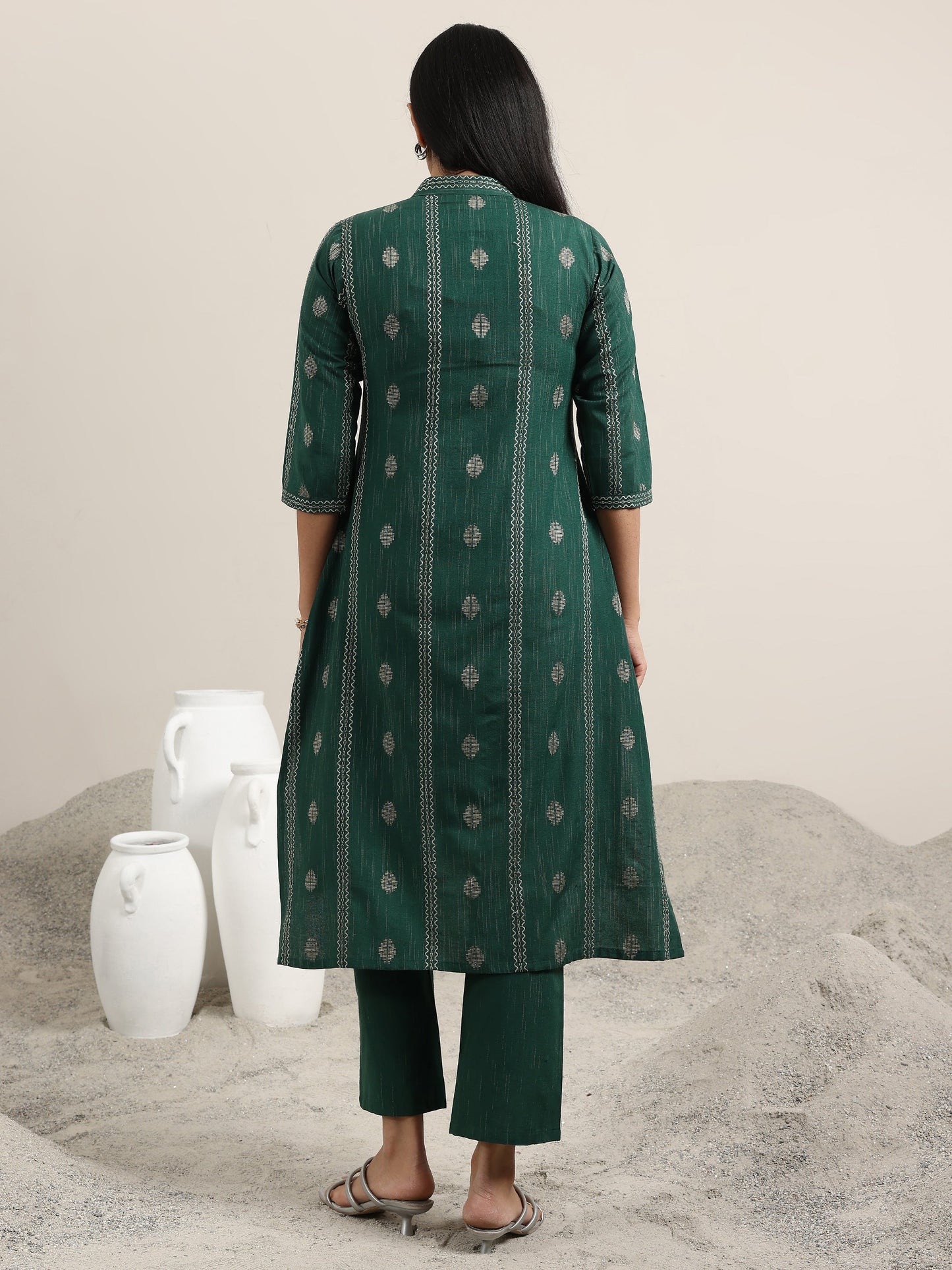 Green Woven Design Cotton Blend Straight Kurta Set