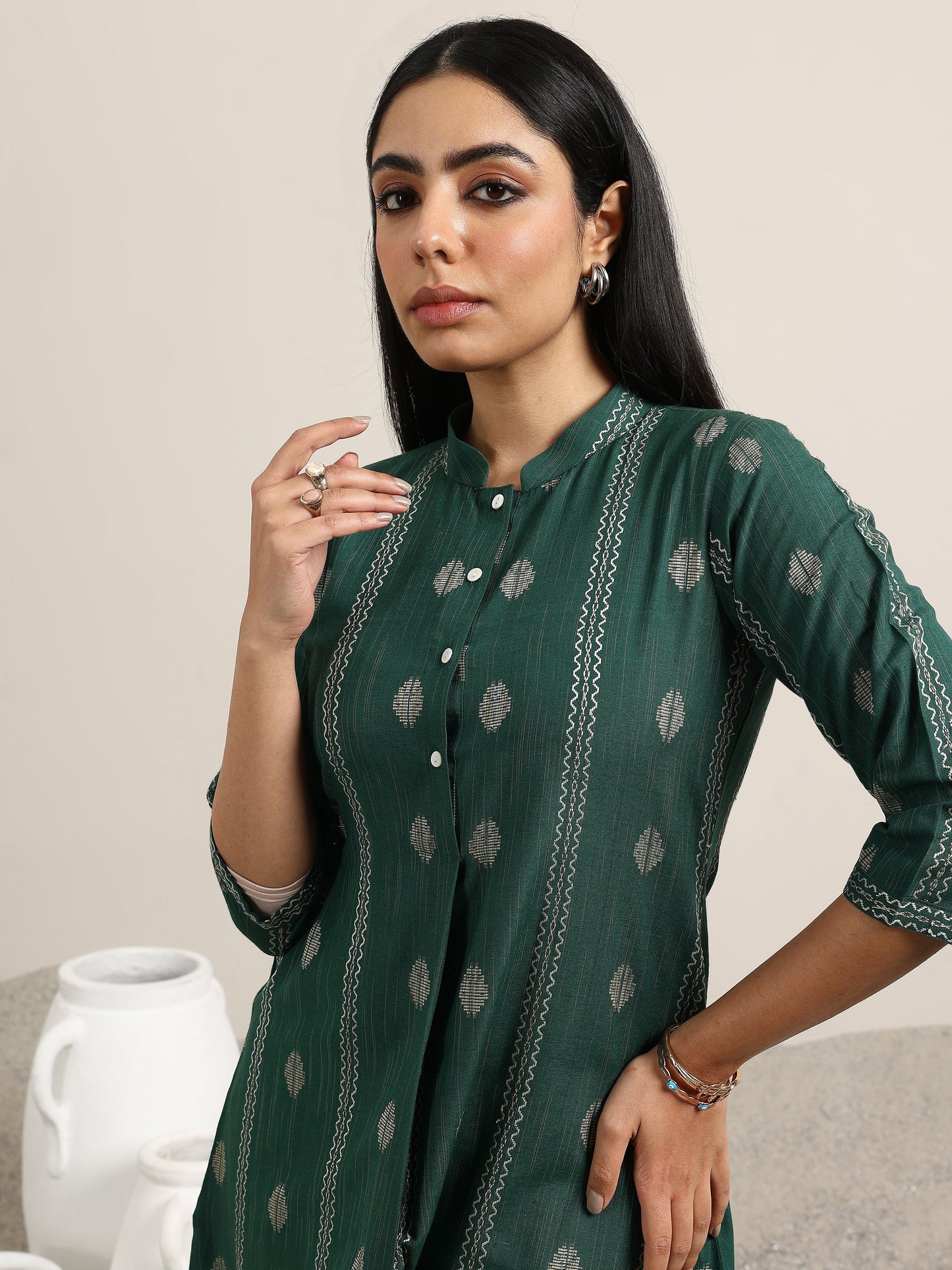 Green Woven Design Cotton Blend Straight Kurta Set