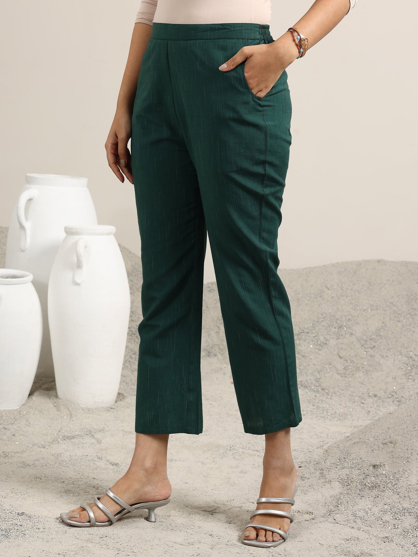 Green Woven Design Cotton Blend Straight Kurta Set