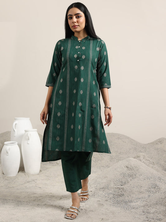 Green Woven Design Cotton Blend Straight Kurta Set