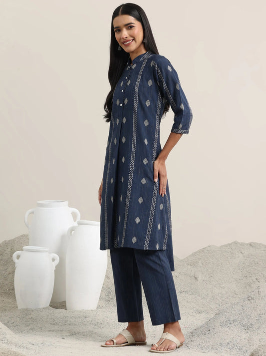 Blue Woven Design Cotton Straight Kurta With Trousers