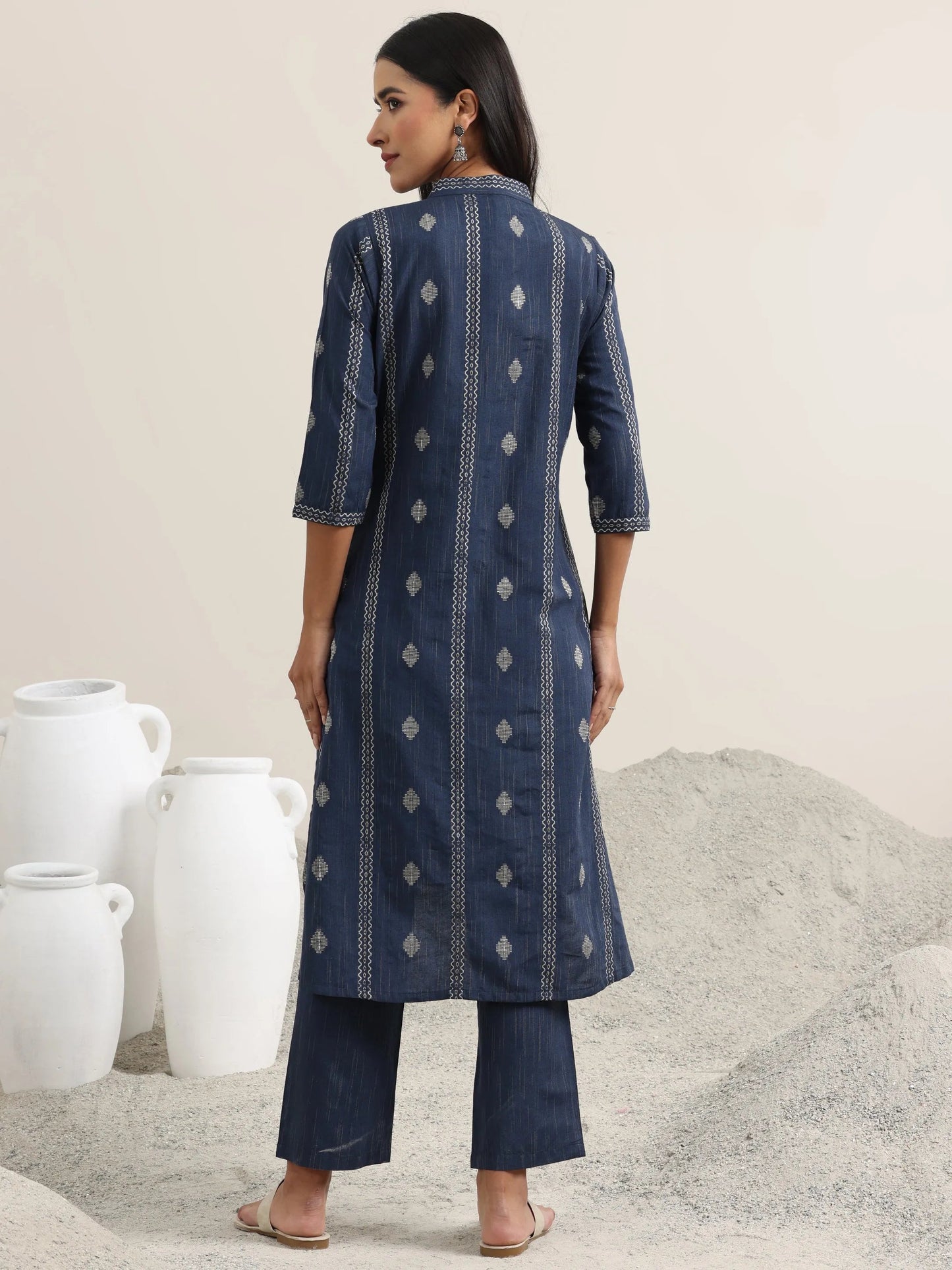 Blue Woven Design Cotton Straight Kurta With Trousers