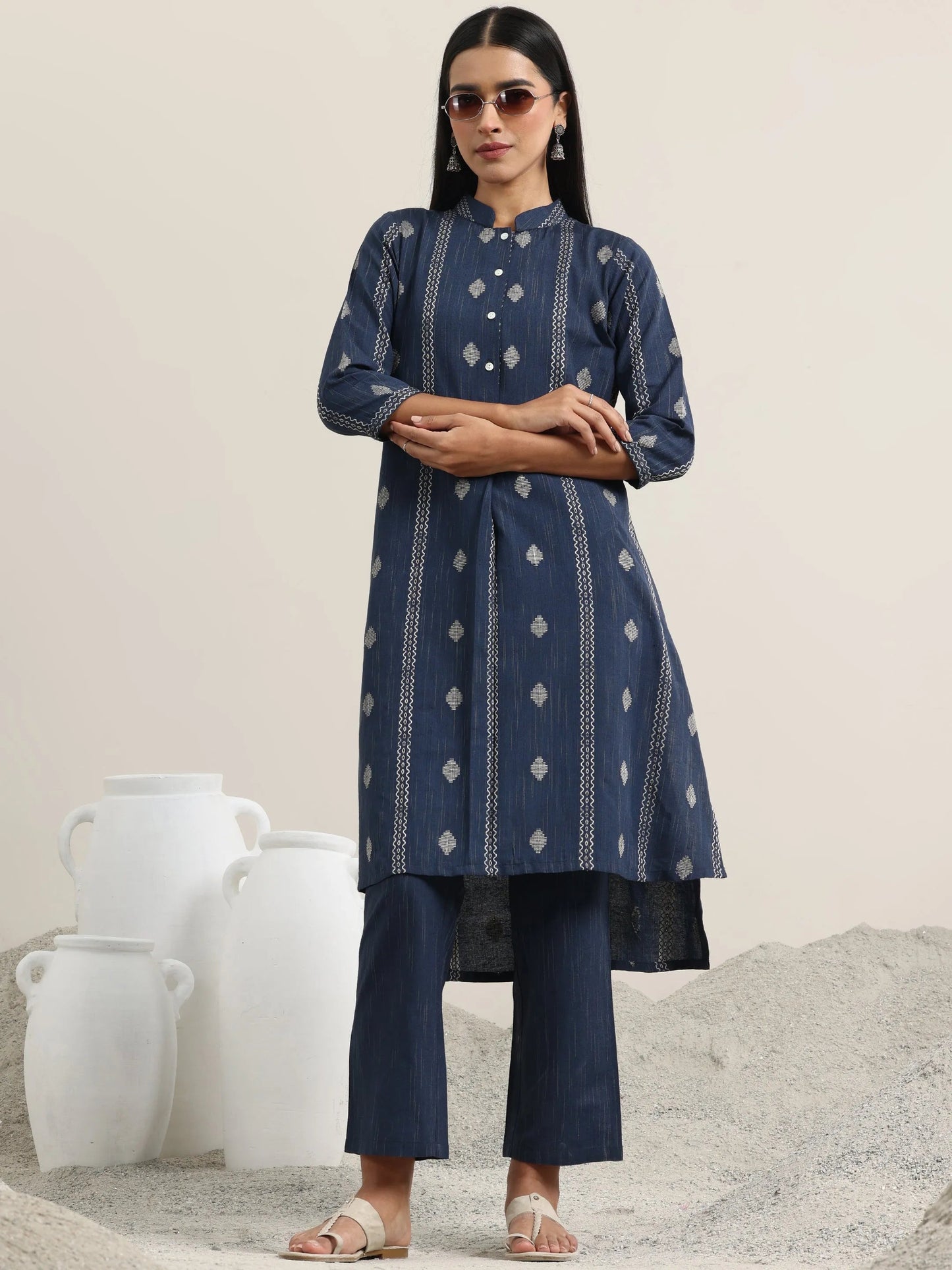 Blue Woven Design Cotton Straight Kurta With Trousers