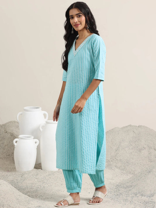 Blue Woven Design Cotton Straight Suit With Dupatta