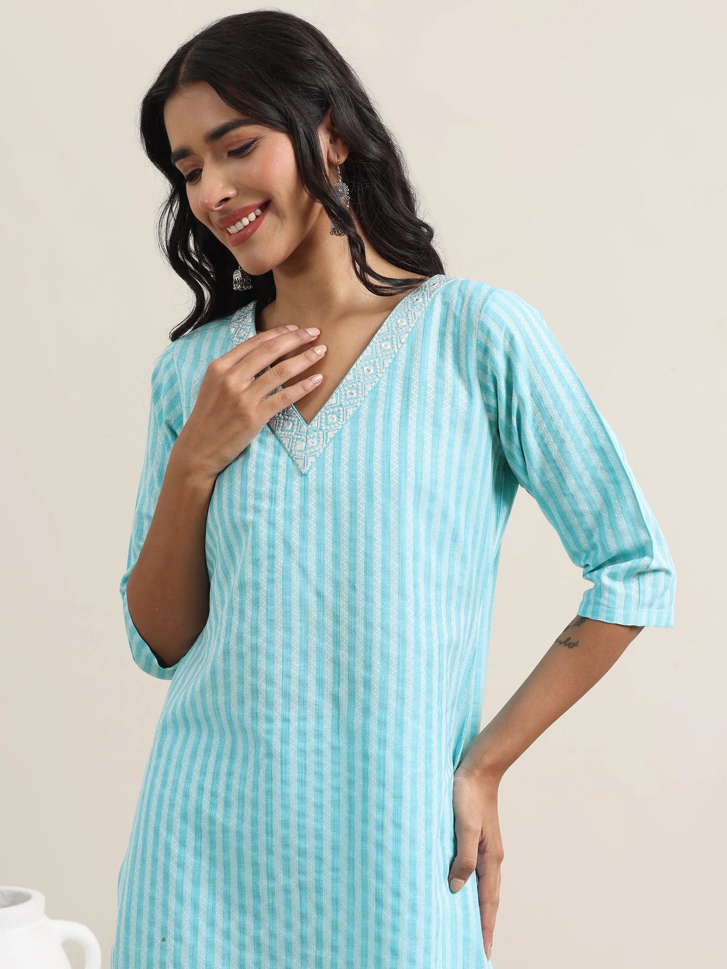 Blue Woven Design Cotton Straight Suit With Dupatta