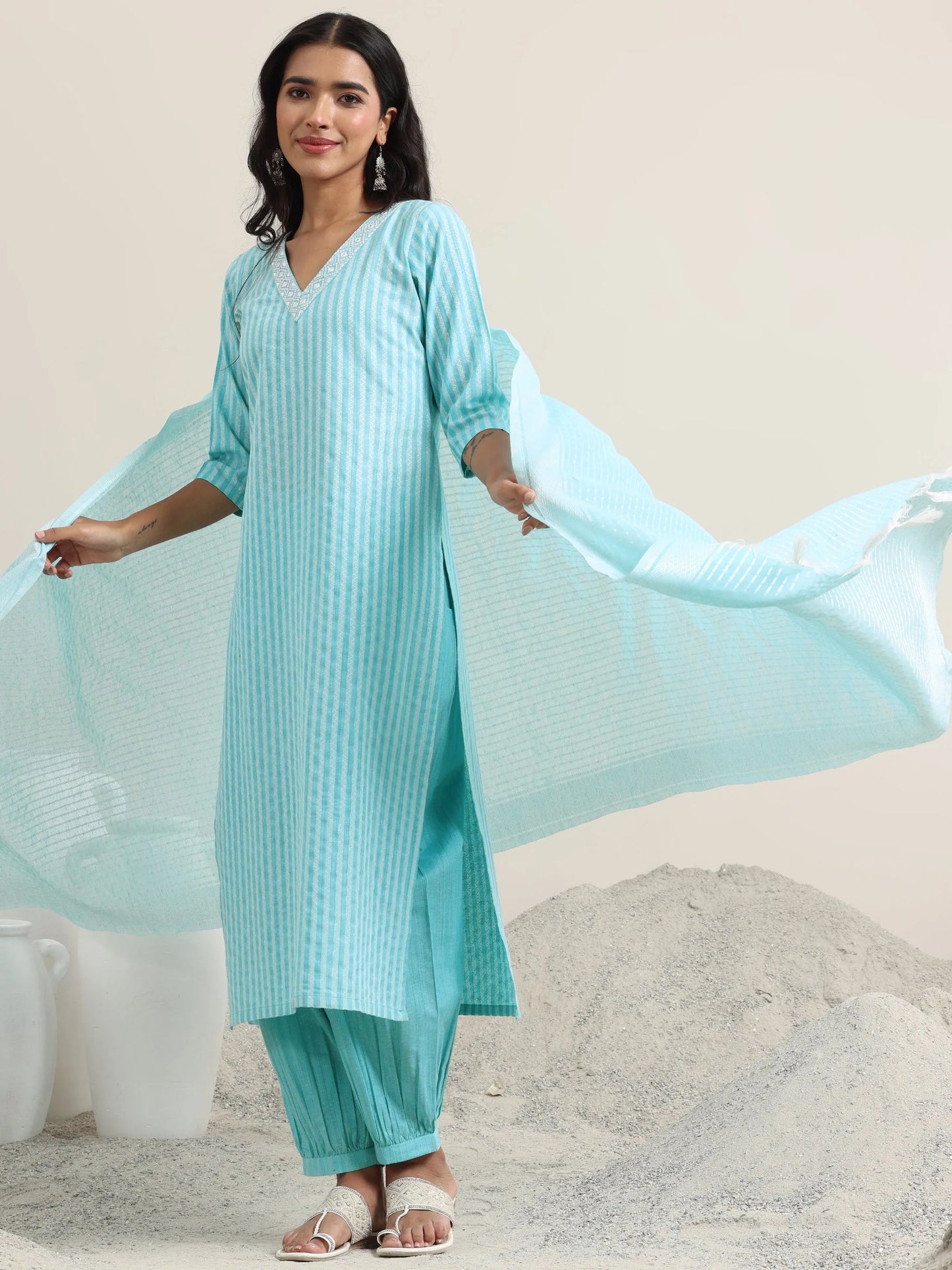 Blue Woven Design Cotton Straight Suit With Dupatta