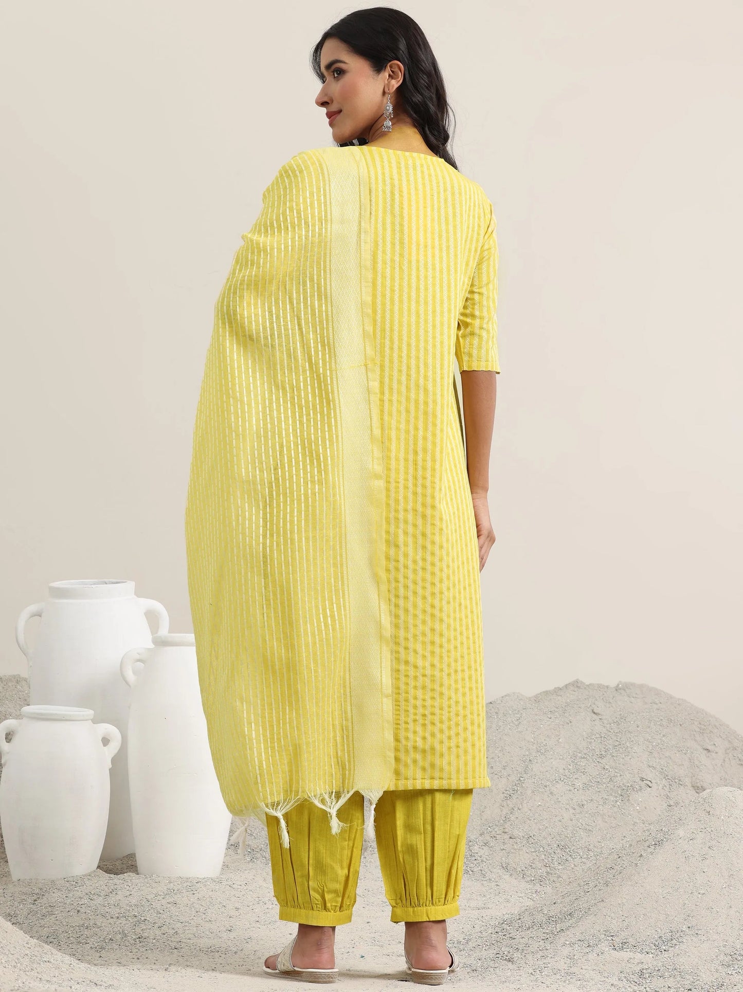Yellow Woven Design Cotton Straight Suit With Dupatta