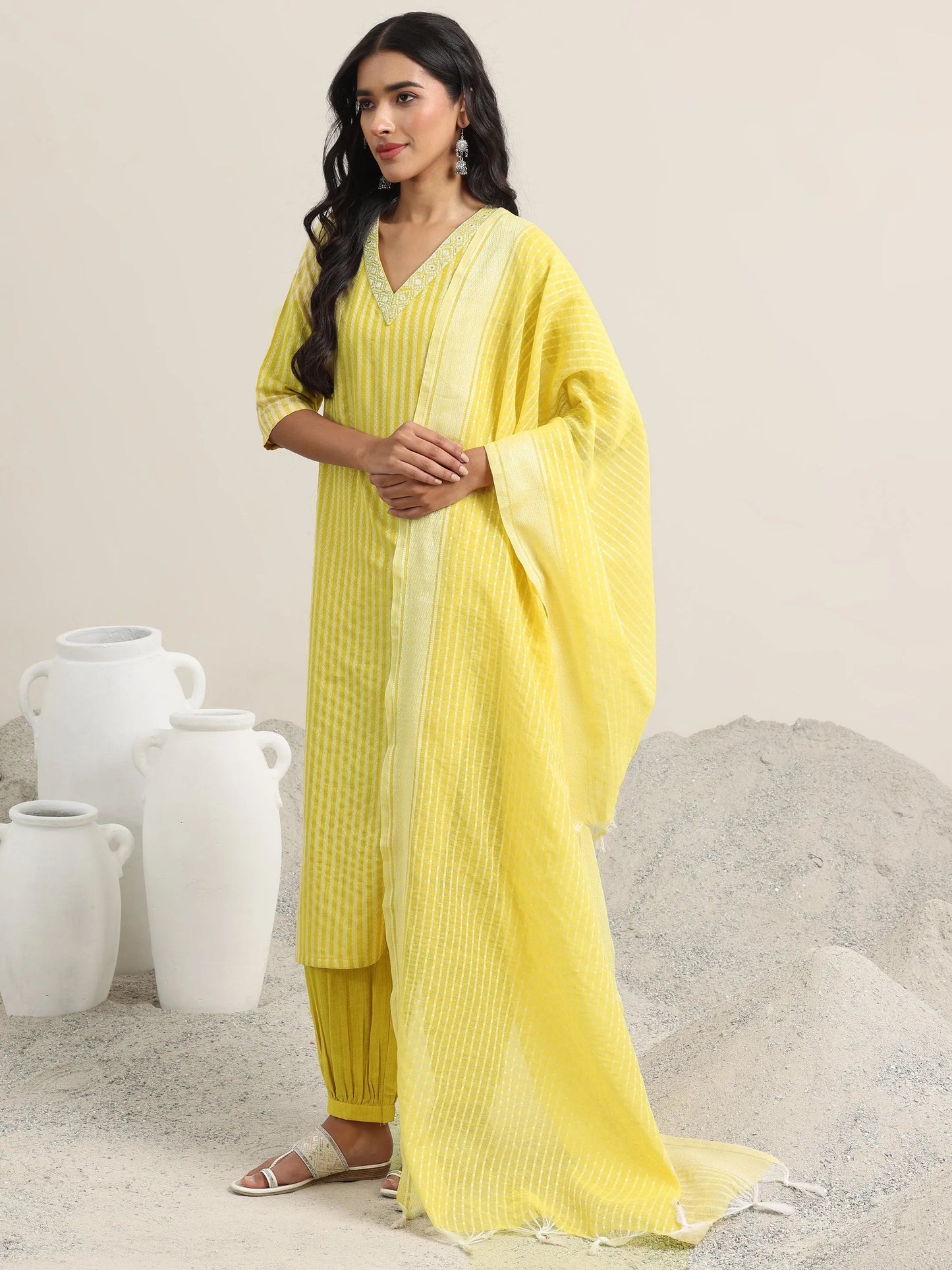 Yellow Woven Design Cotton Straight Suit With Dupatta