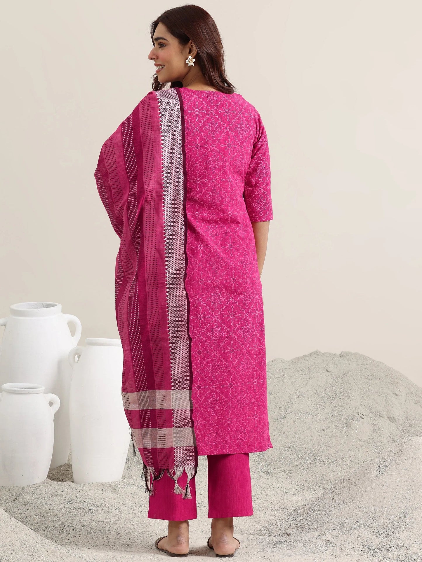Pink Printed Cotton Straight Suit With Dupatta