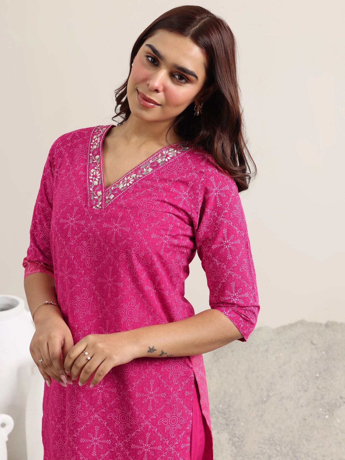 Pink Printed Cotton Straight Suit With Dupatta