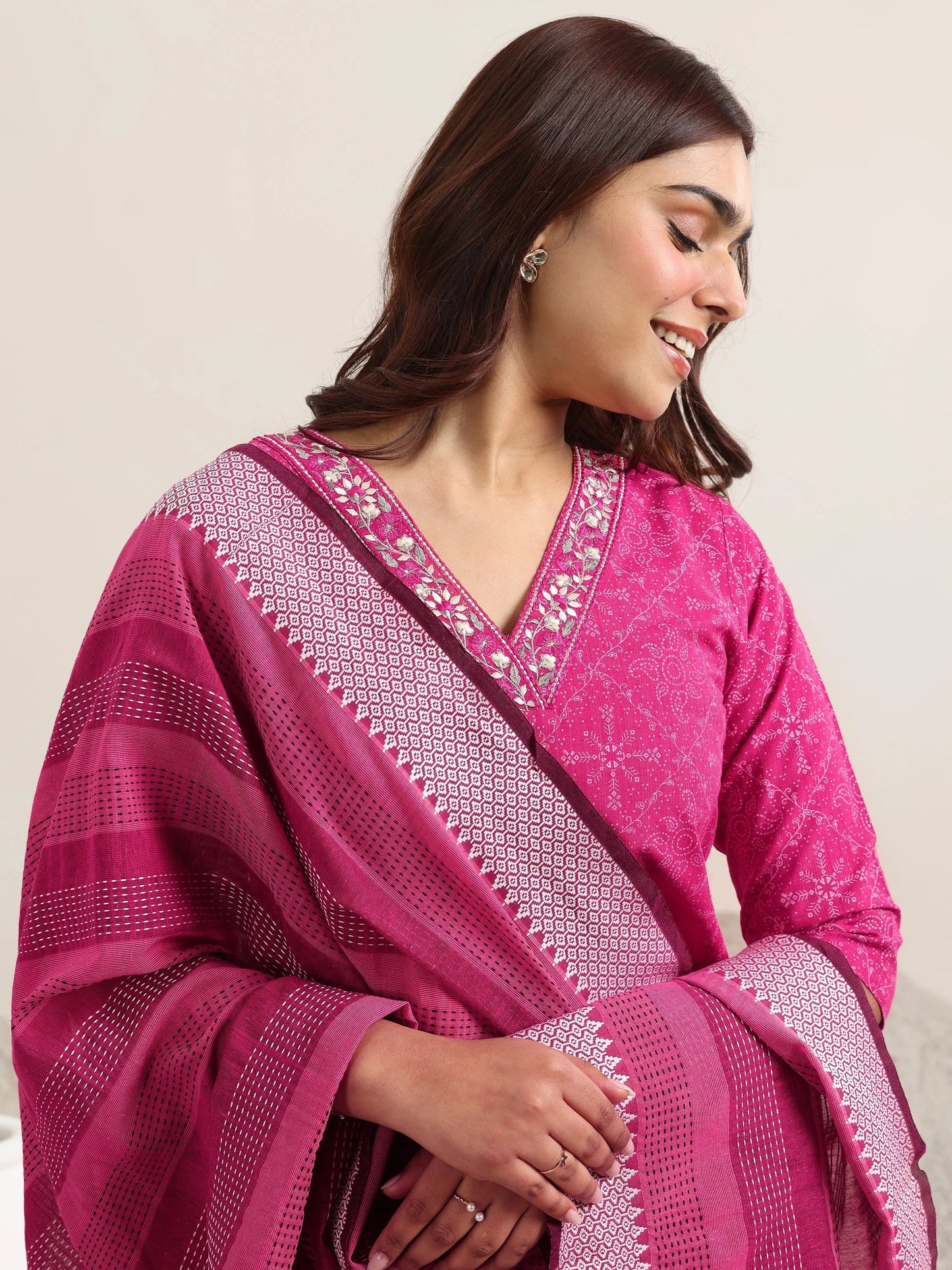 Pink Printed Cotton Straight Suit With Dupatta