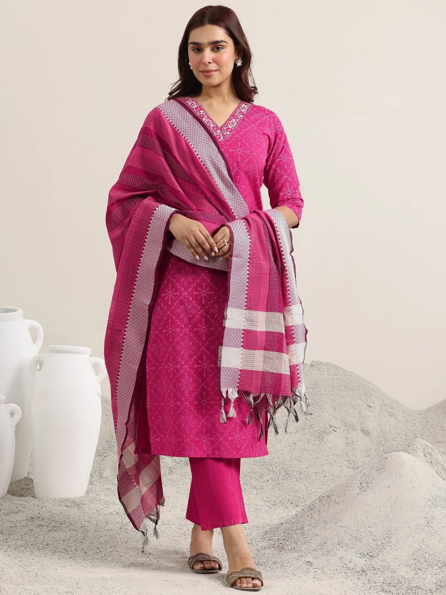 Pink Printed Cotton Straight Suit With Dupatta