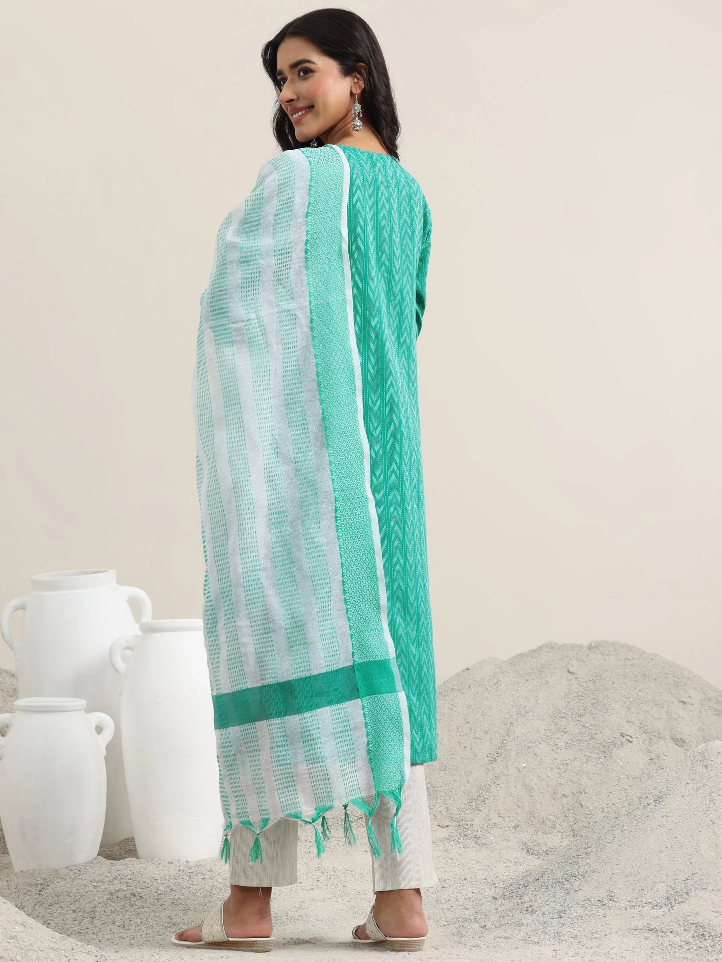 Teal Woven Design Cotton Straight Suit With Dupatta