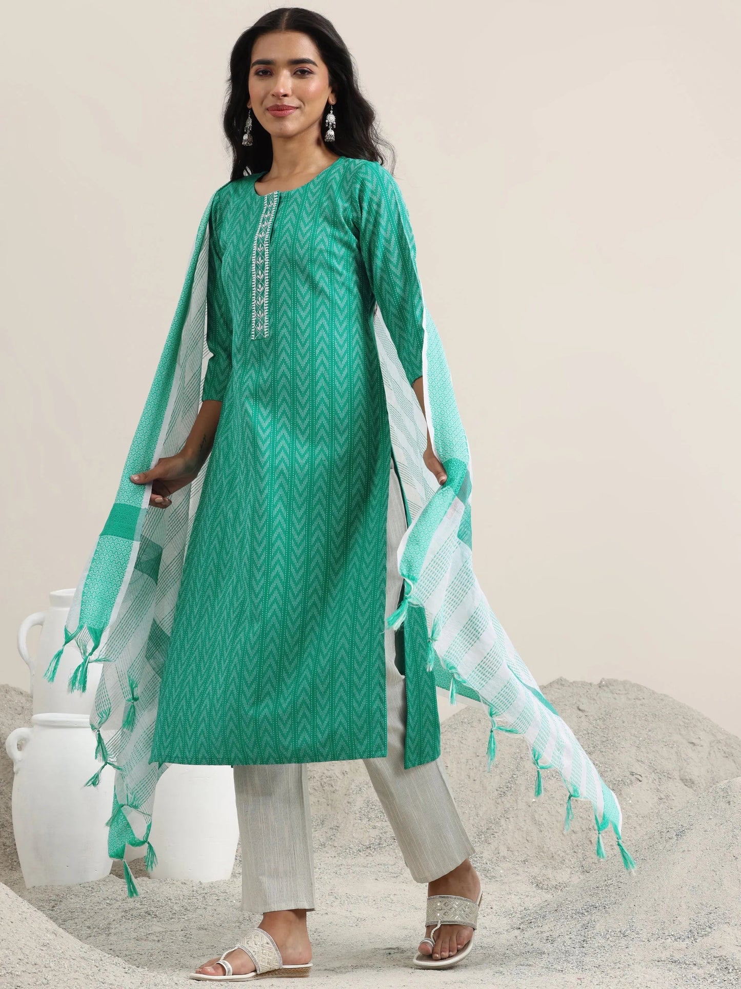 Teal Woven Design Cotton Straight Suit With Dupatta