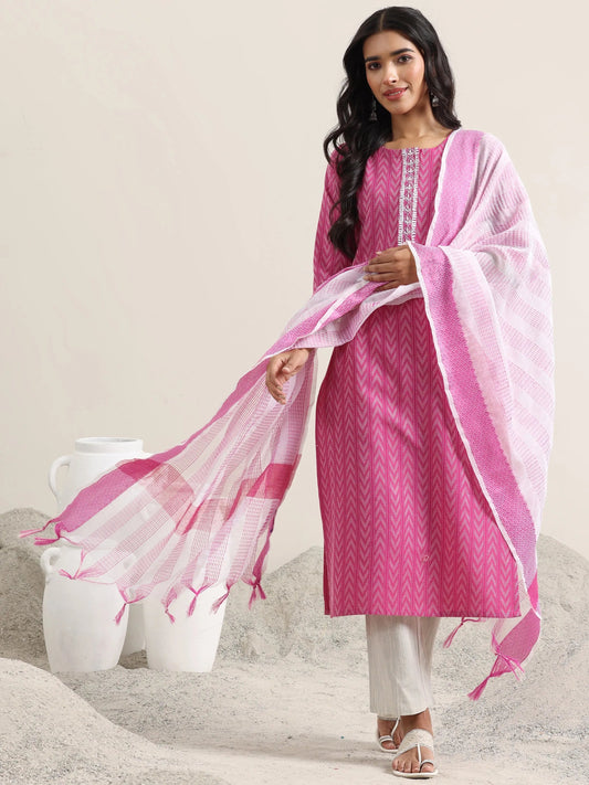 Pink Woven Design Cotton Straight Suit With Dupatta