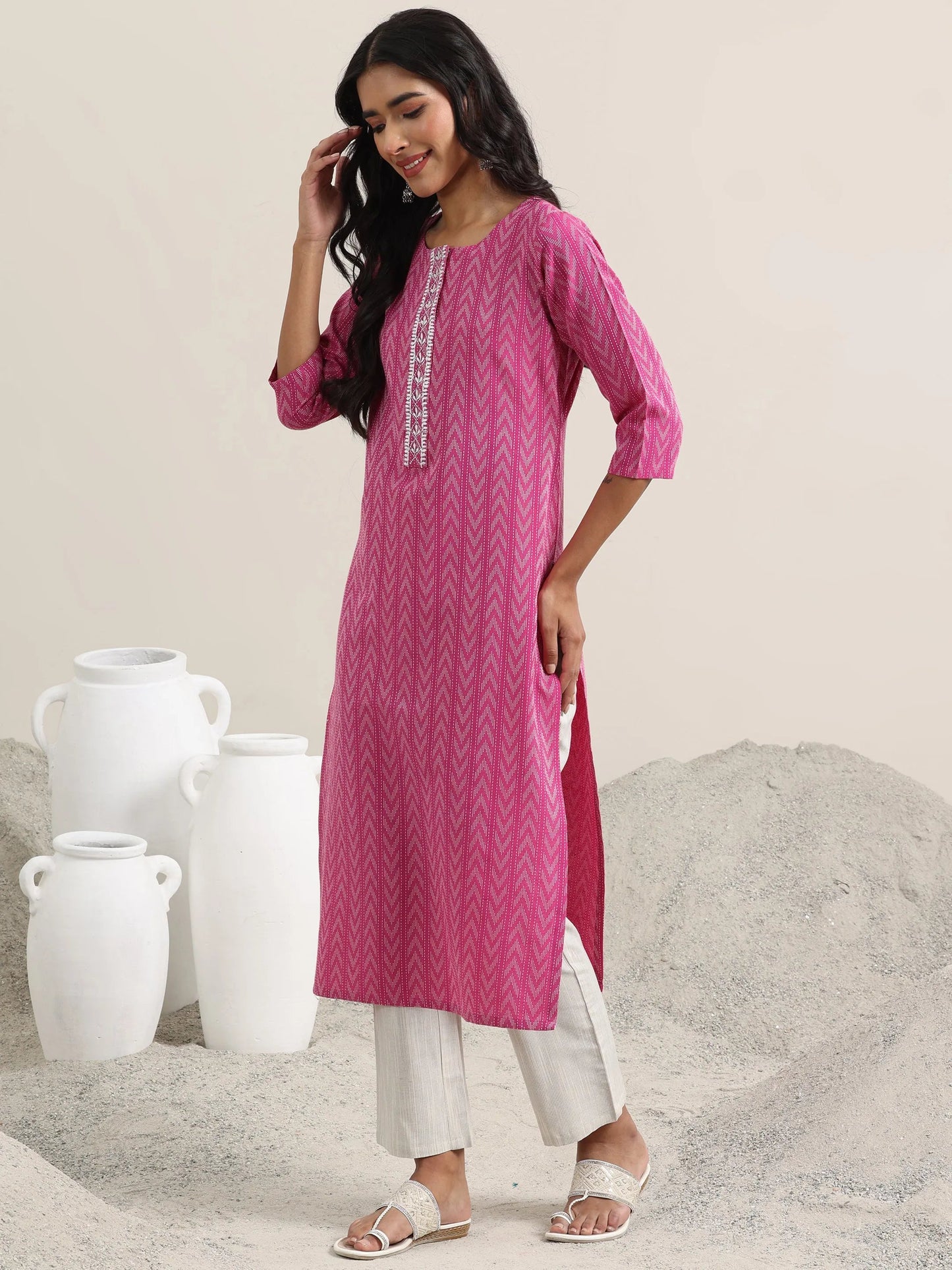 Pink Woven Design Cotton Straight Suit With Dupatta