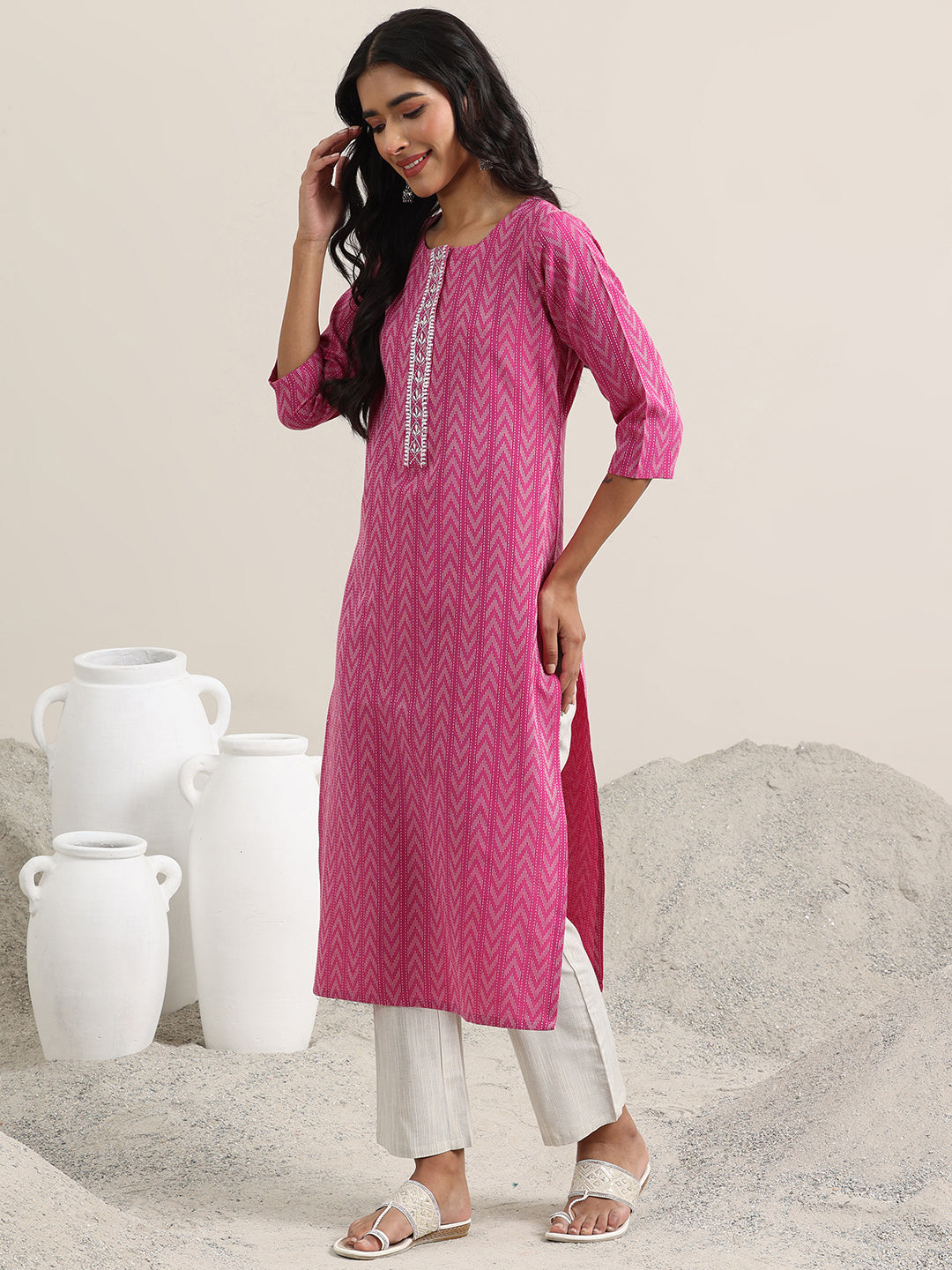 Pink Woven Design Cotton Straight Suit With Dupatta