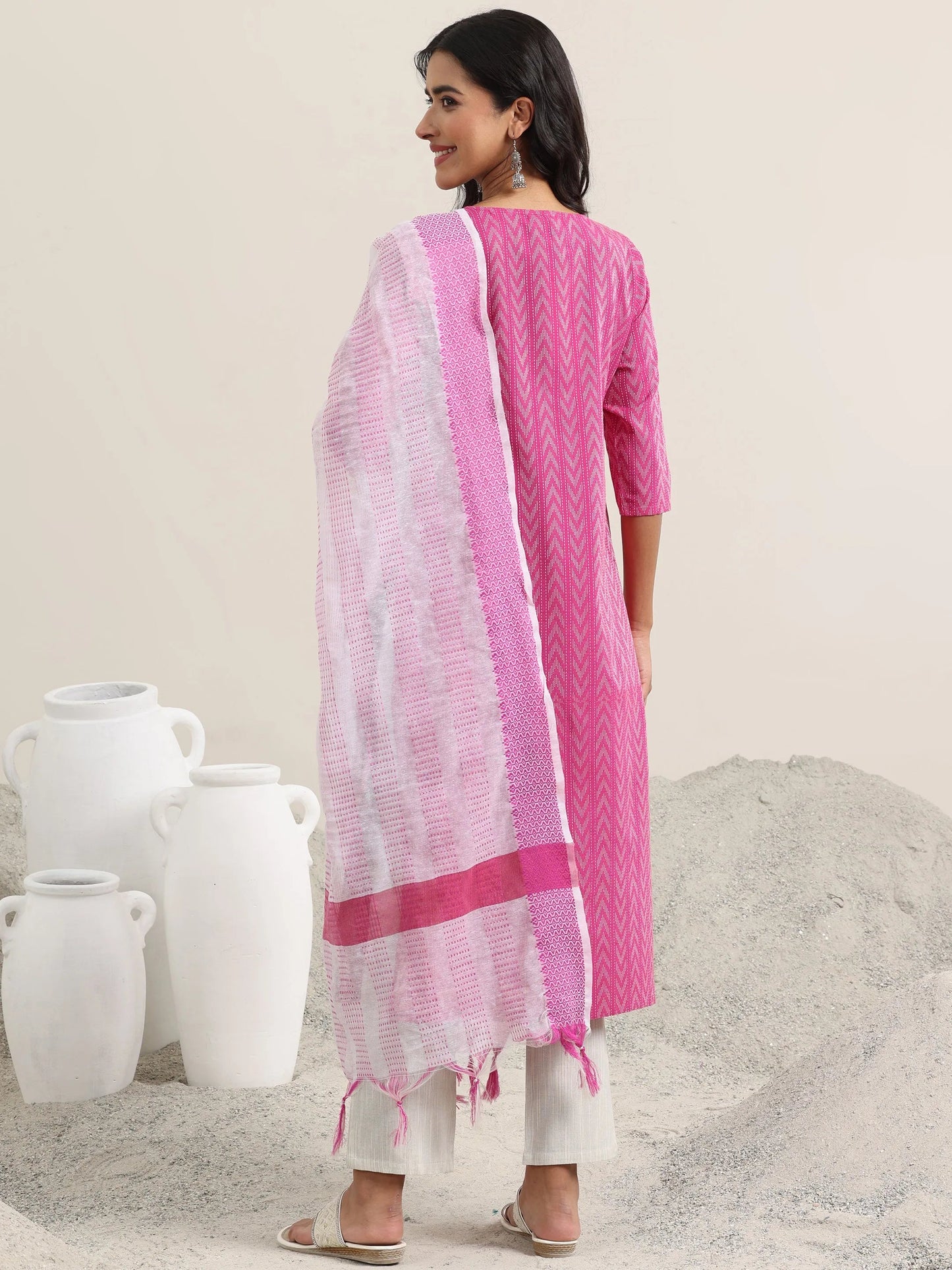 Pink Woven Design Cotton Straight Suit With Dupatta