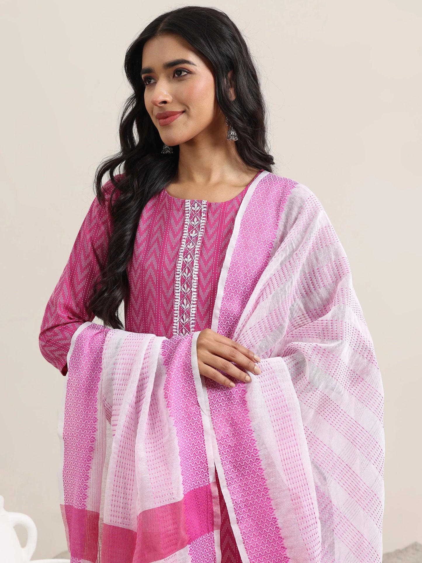 Pink Woven Design Cotton Straight Suit With Dupatta