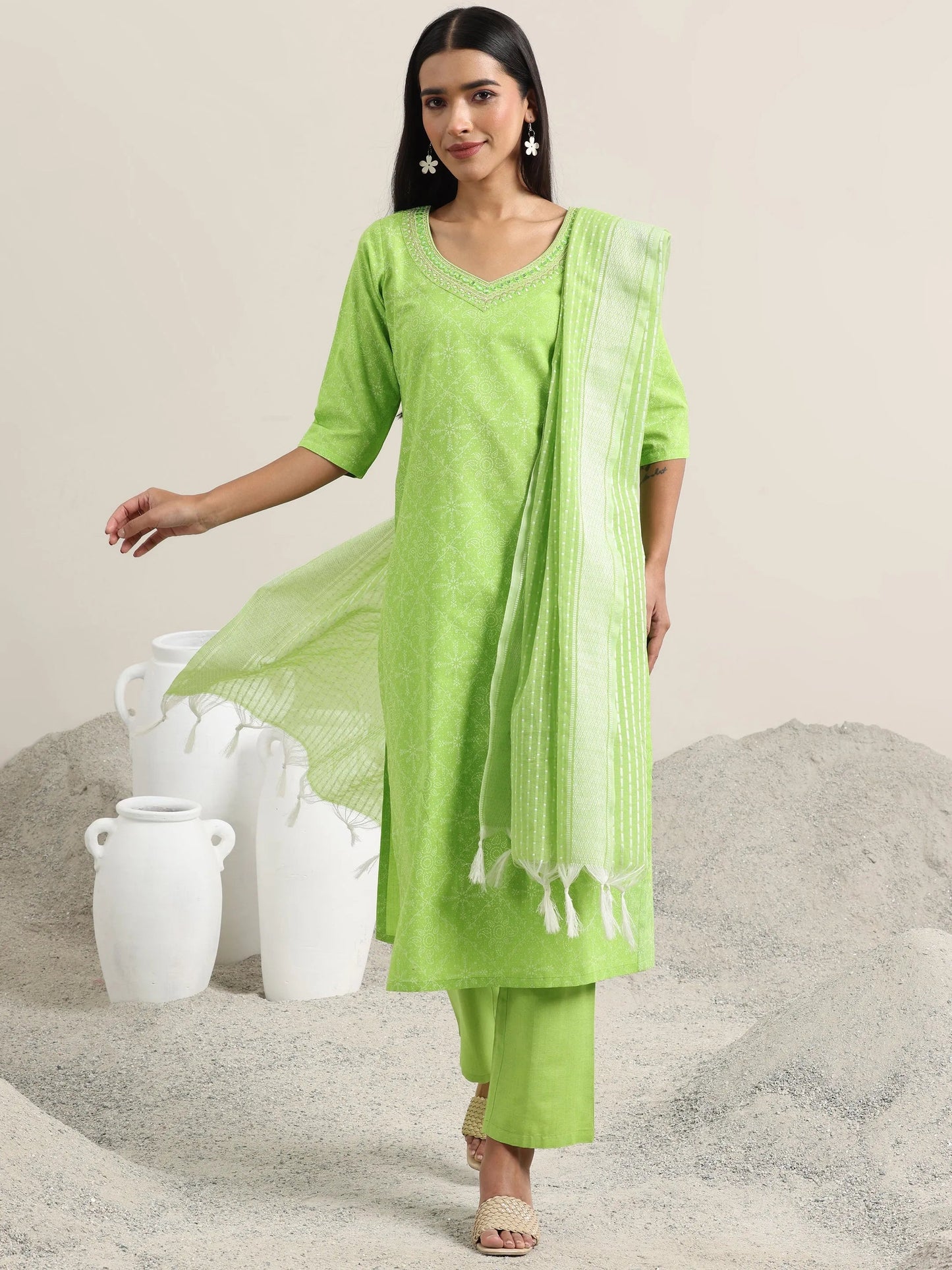 Green Printed Cotton Straight Suit With Dupatta