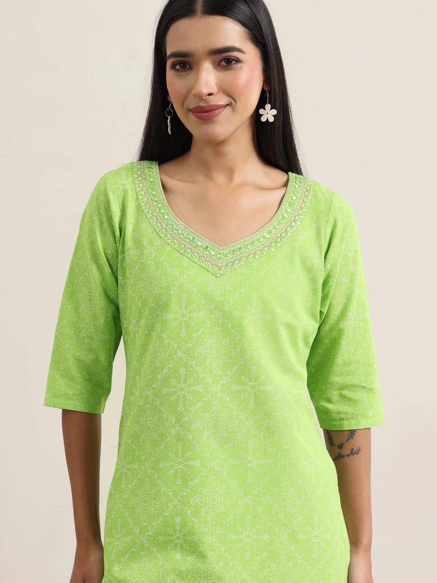 Green Printed Cotton Straight Suit With Dupatta