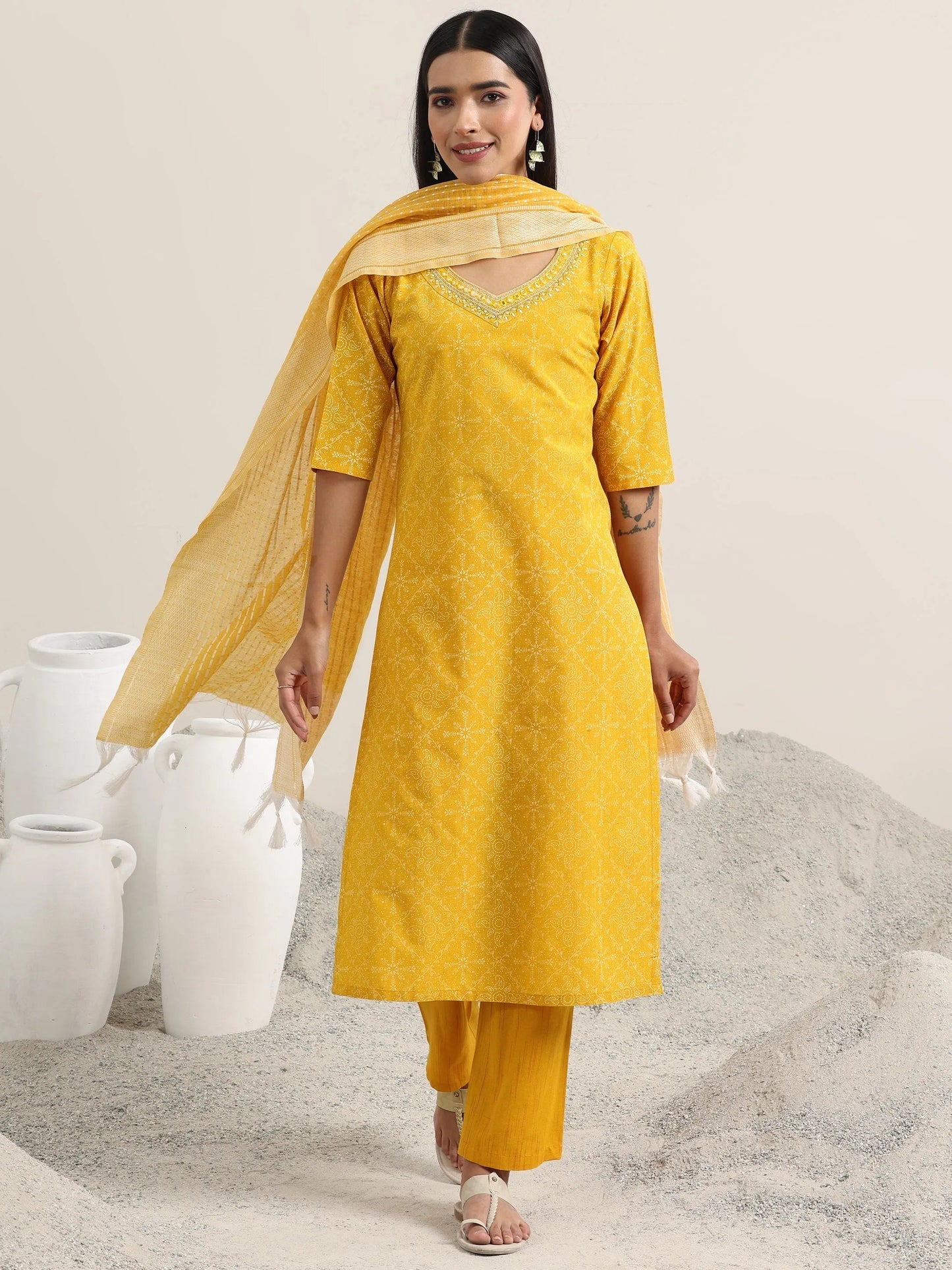 Yellow Printed Cotton Straight Suit With Dupatta