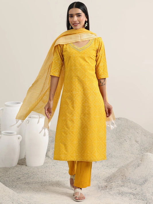 Yellow Printed Cotton Straight Suit With Dupatta
