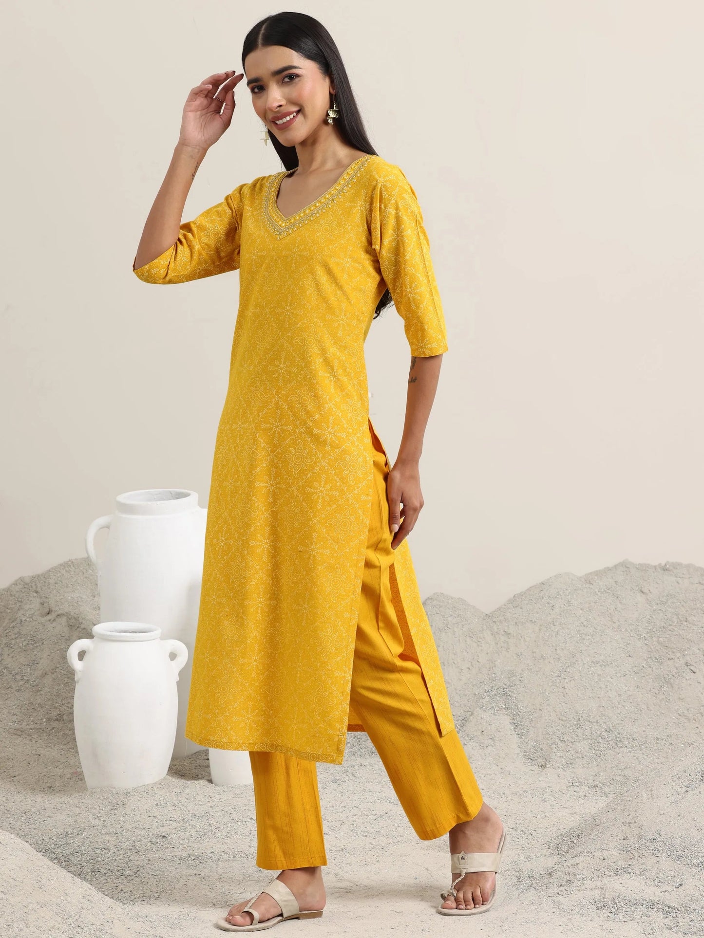 Yellow Printed Cotton Straight Suit With Dupatta