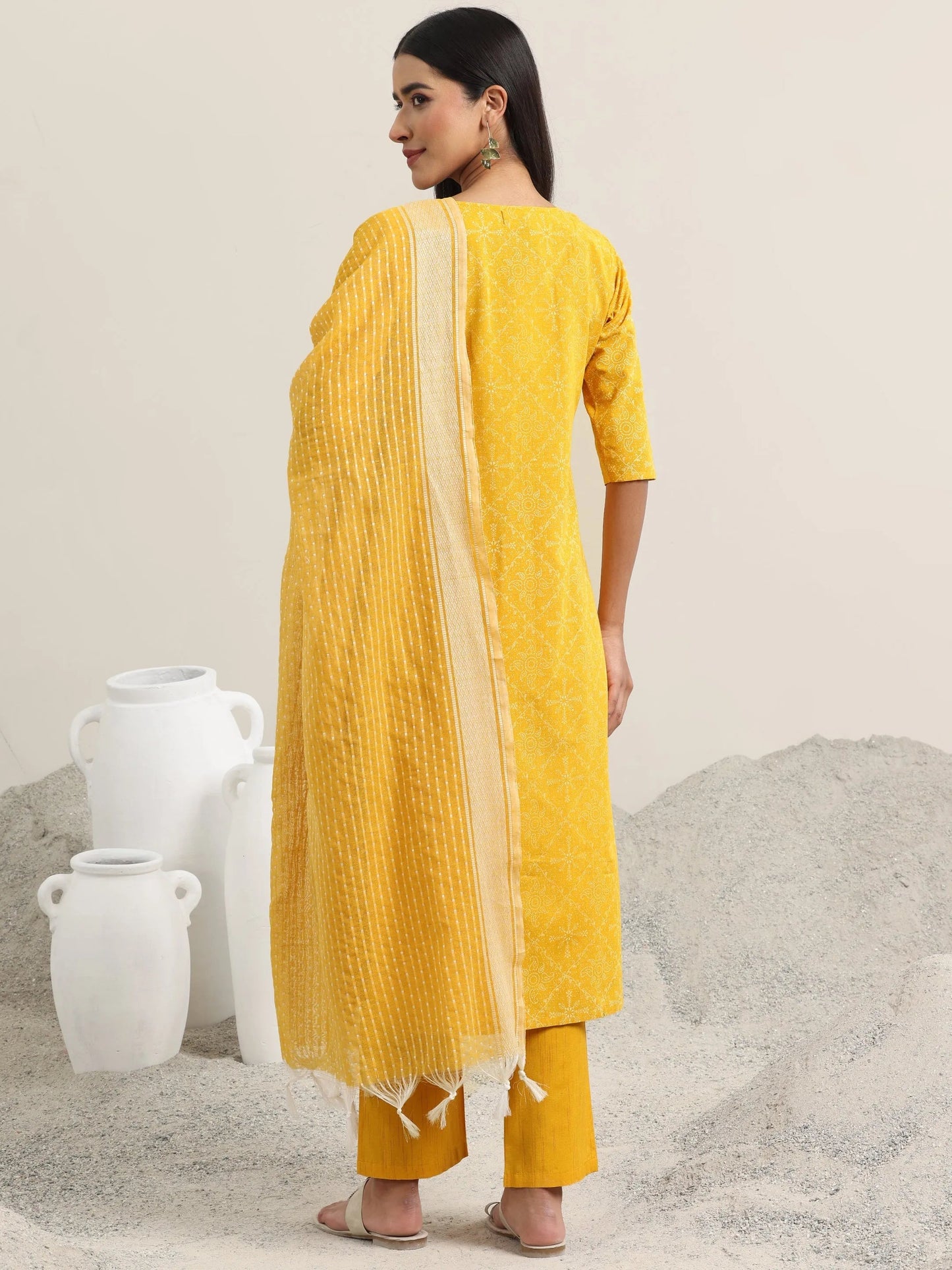 Yellow Printed Cotton Straight Suit With Dupatta