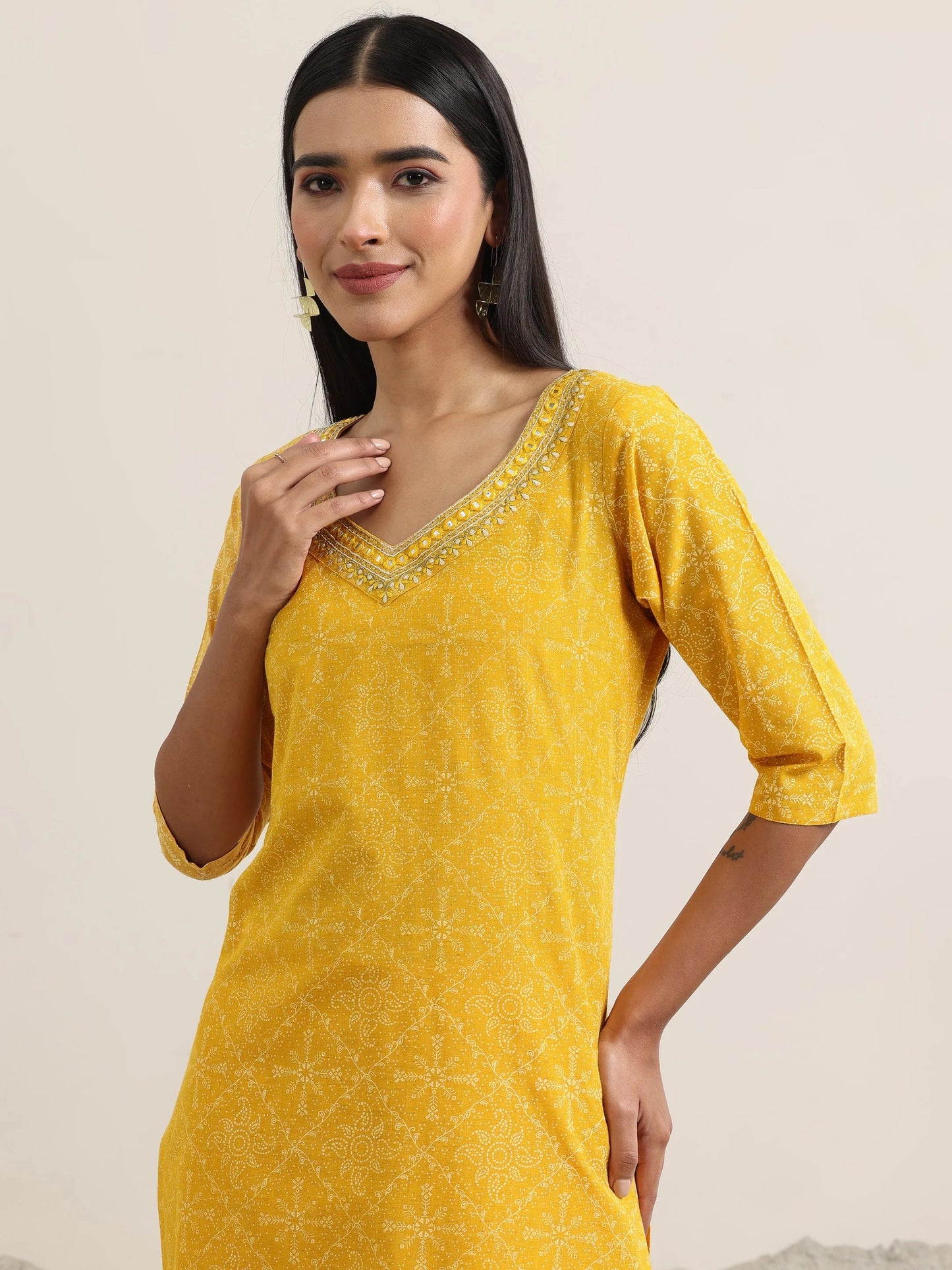 Yellow Printed Cotton Straight Suit With Dupatta