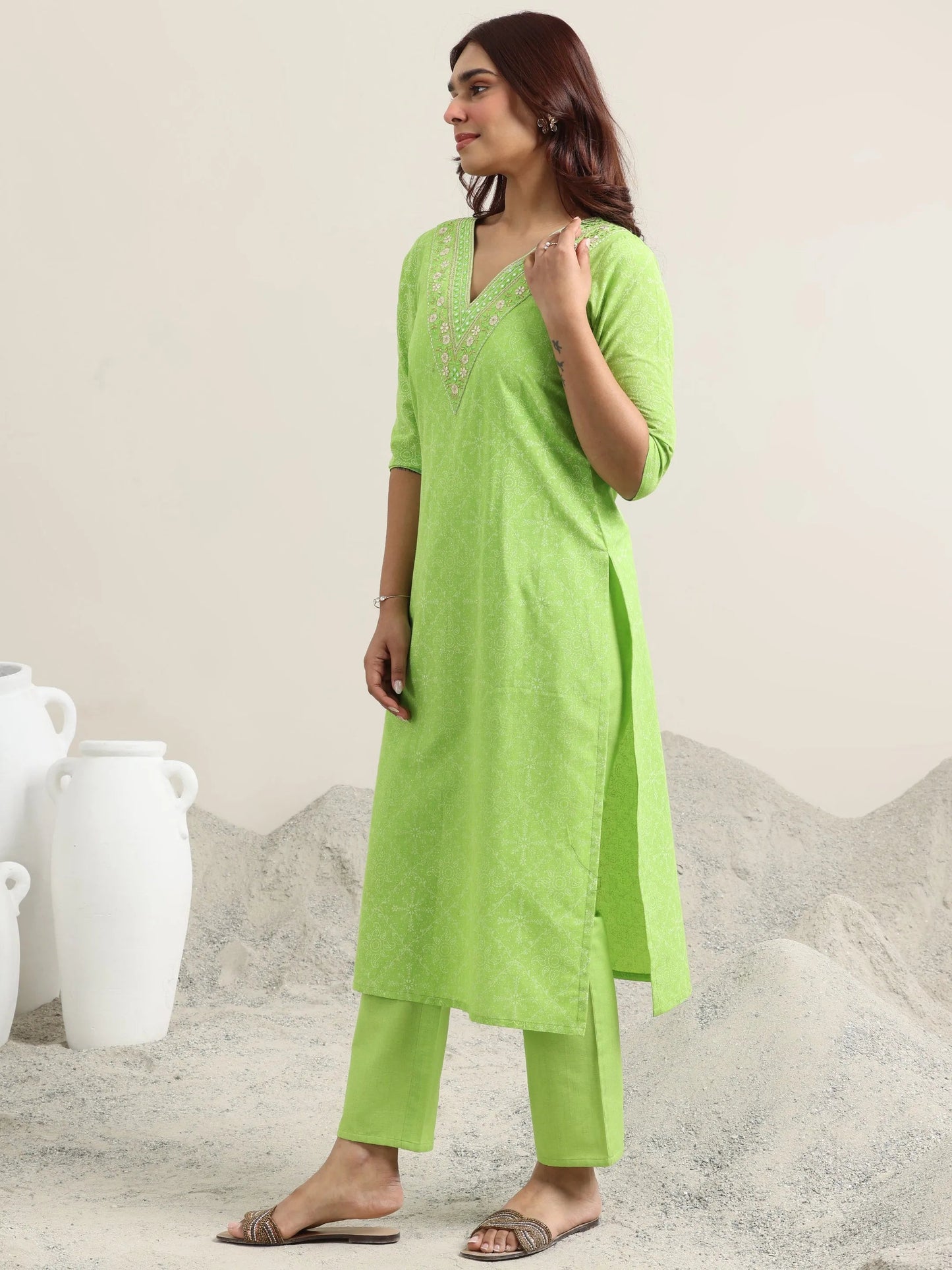 Green Printed Cotton Straight Suit With Dupatta
