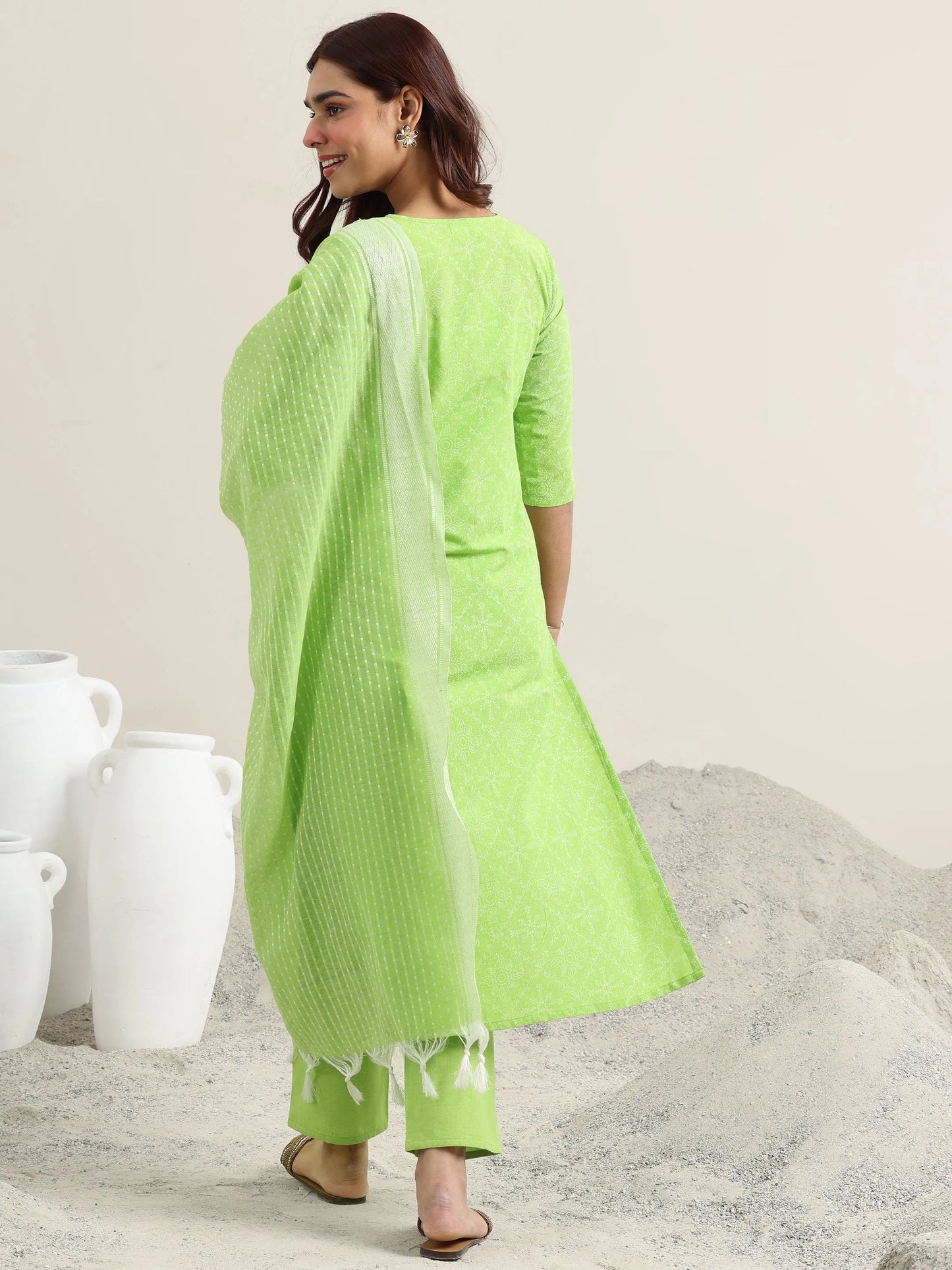 Green Printed Cotton Straight Suit With Dupatta