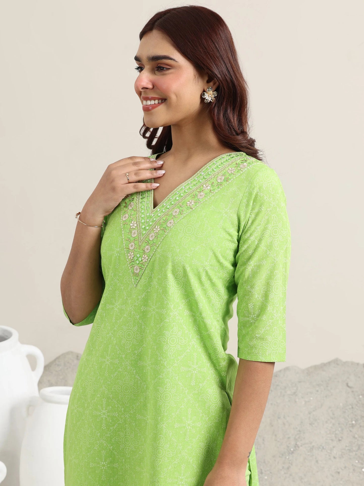 Green Printed Cotton Straight Suit With Dupatta