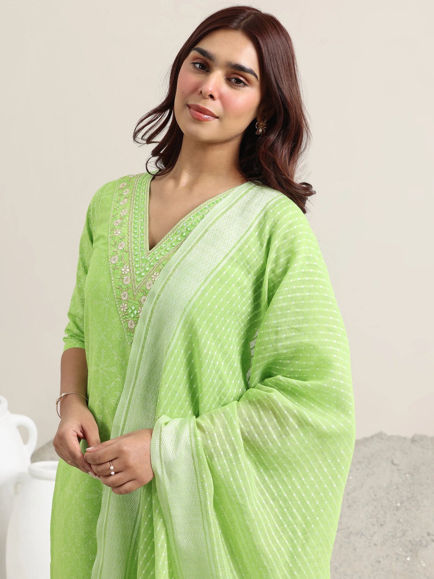 Green Printed Cotton Straight Suit With Dupatta