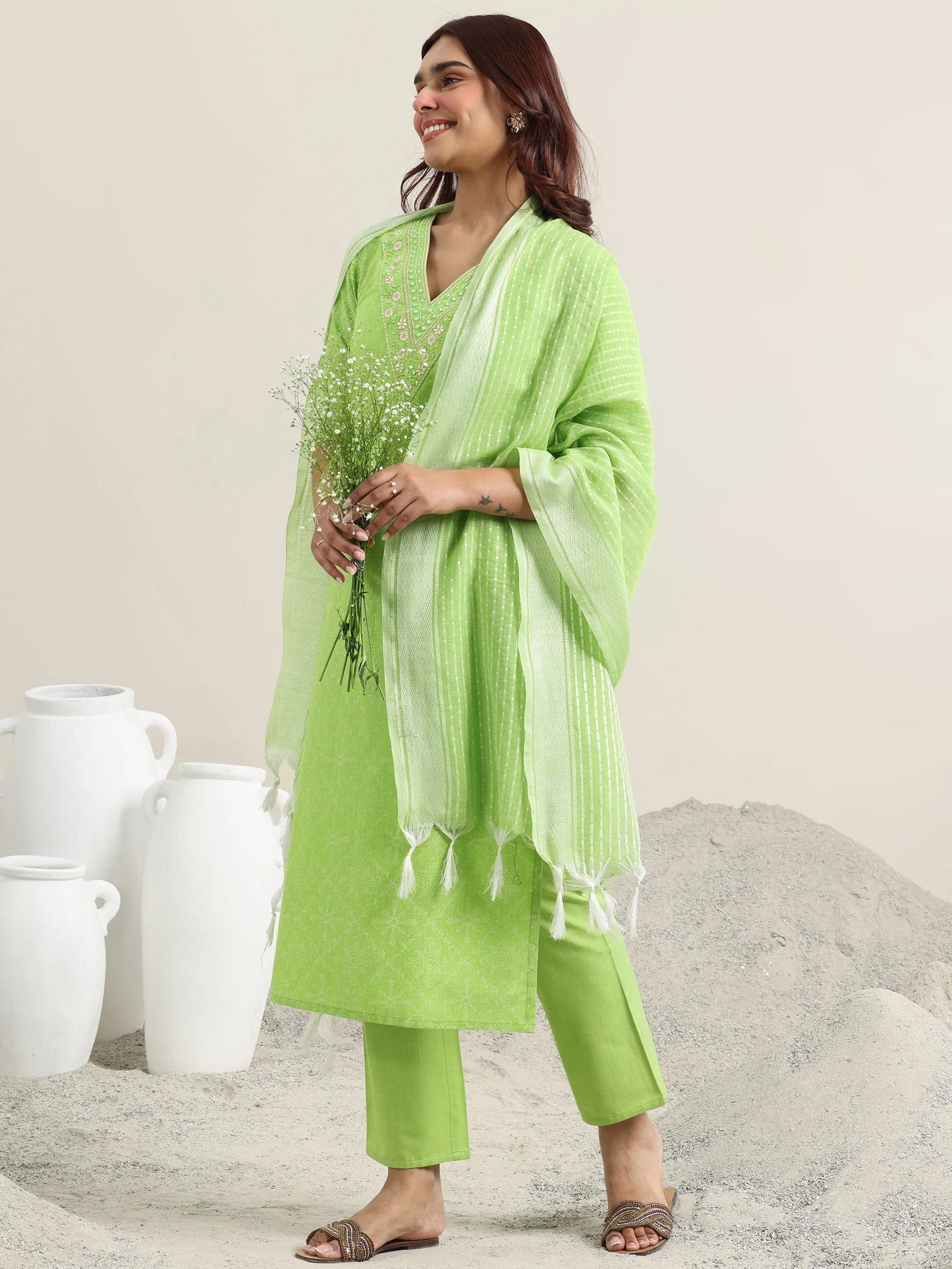 Green Printed Cotton Straight Suit With Dupatta