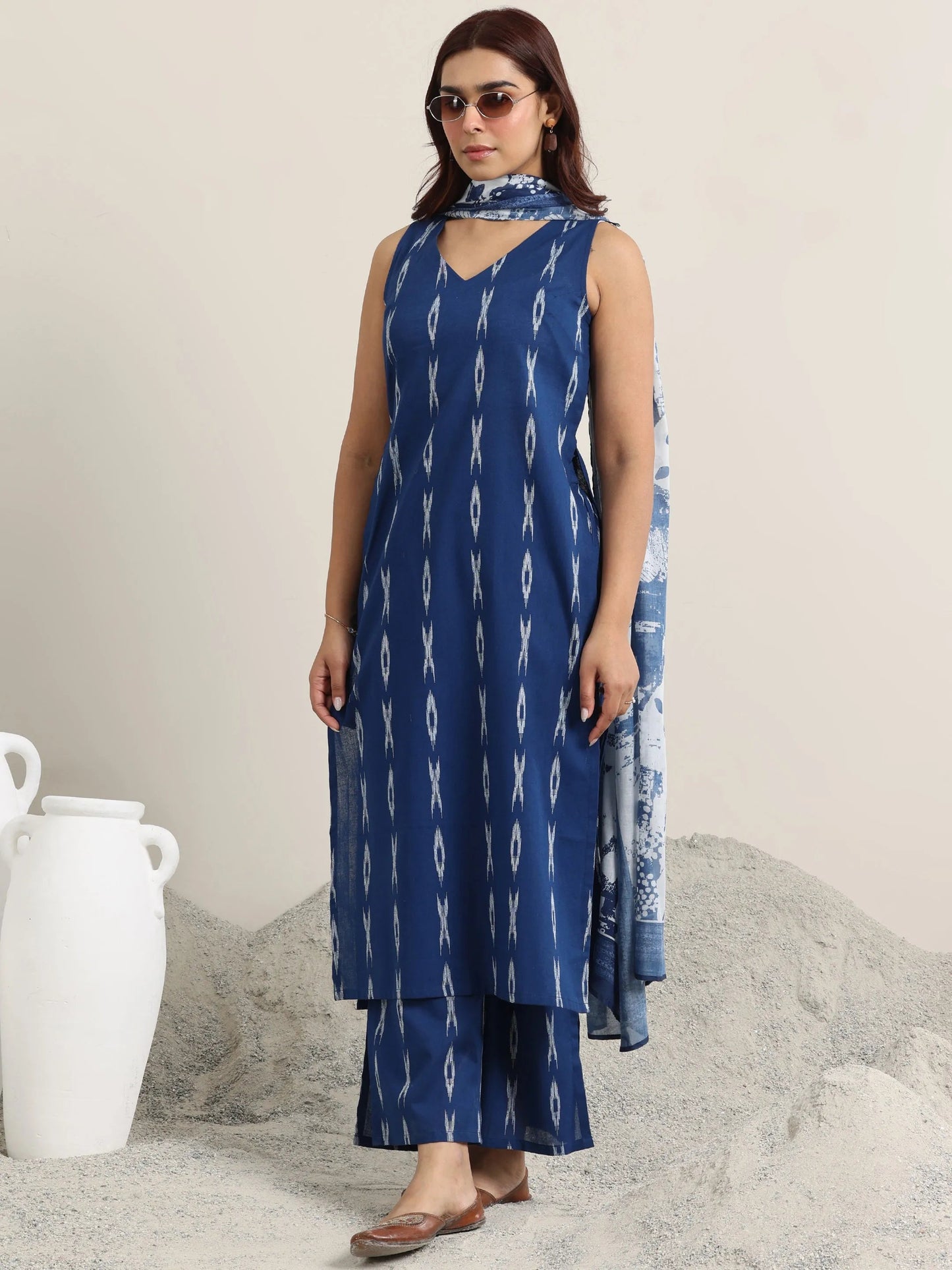 Blue Woven Design Cotton Straight Suit With Dupatta