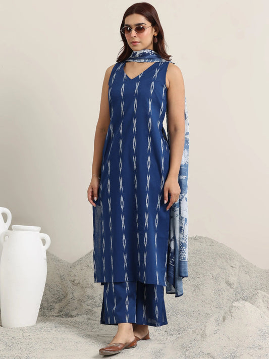 Blue Woven Design Cotton Straight Suit With Dupatta