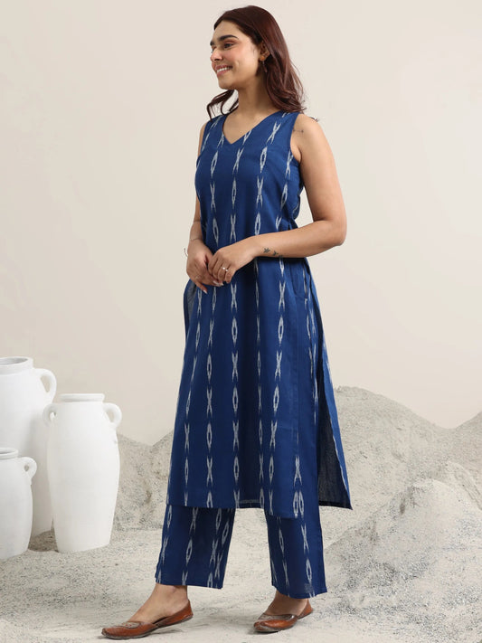 Blue Woven Design Cotton Straight Suit With Dupatta