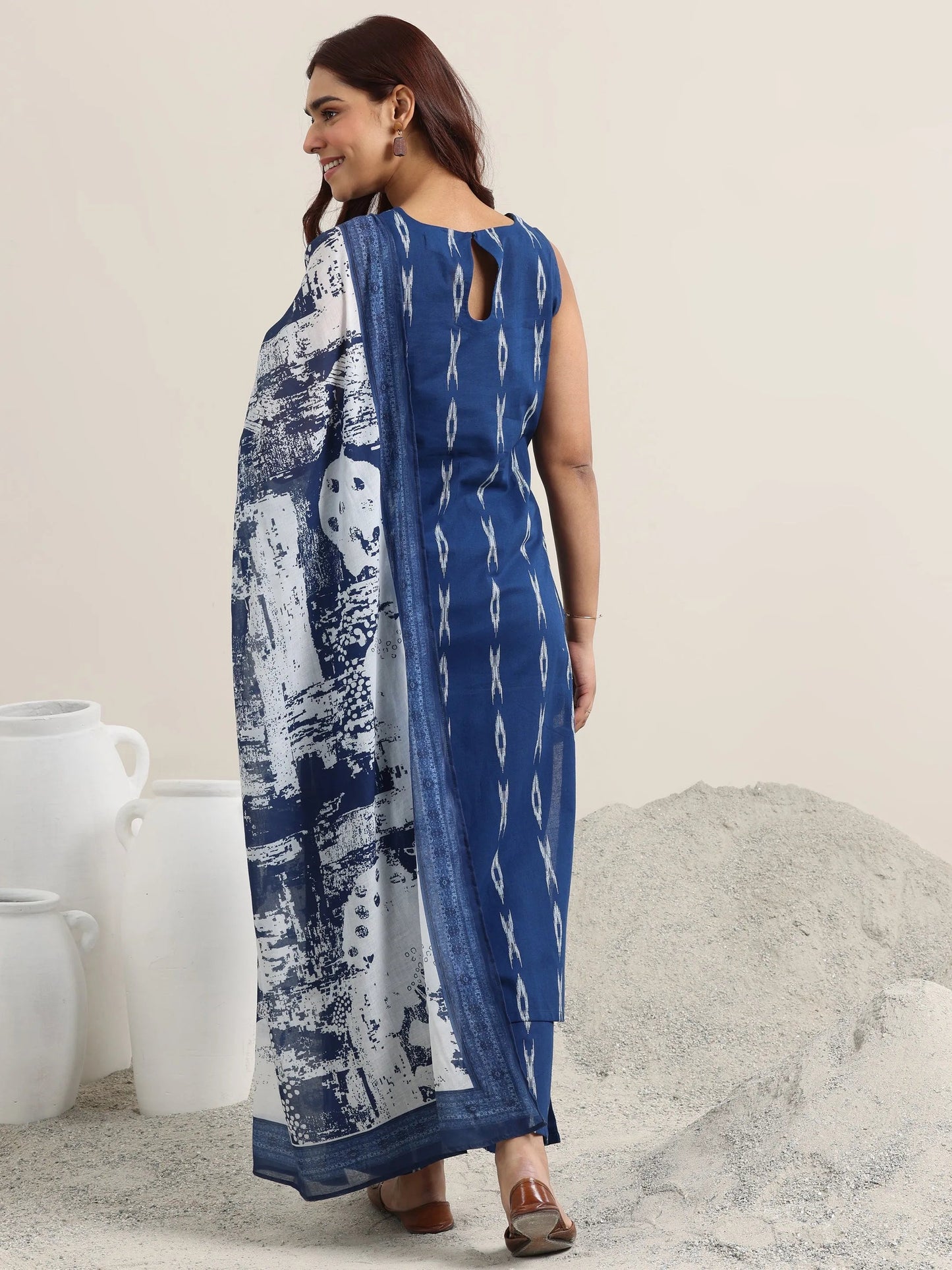 Blue Woven Design Cotton Straight Suit With Dupatta