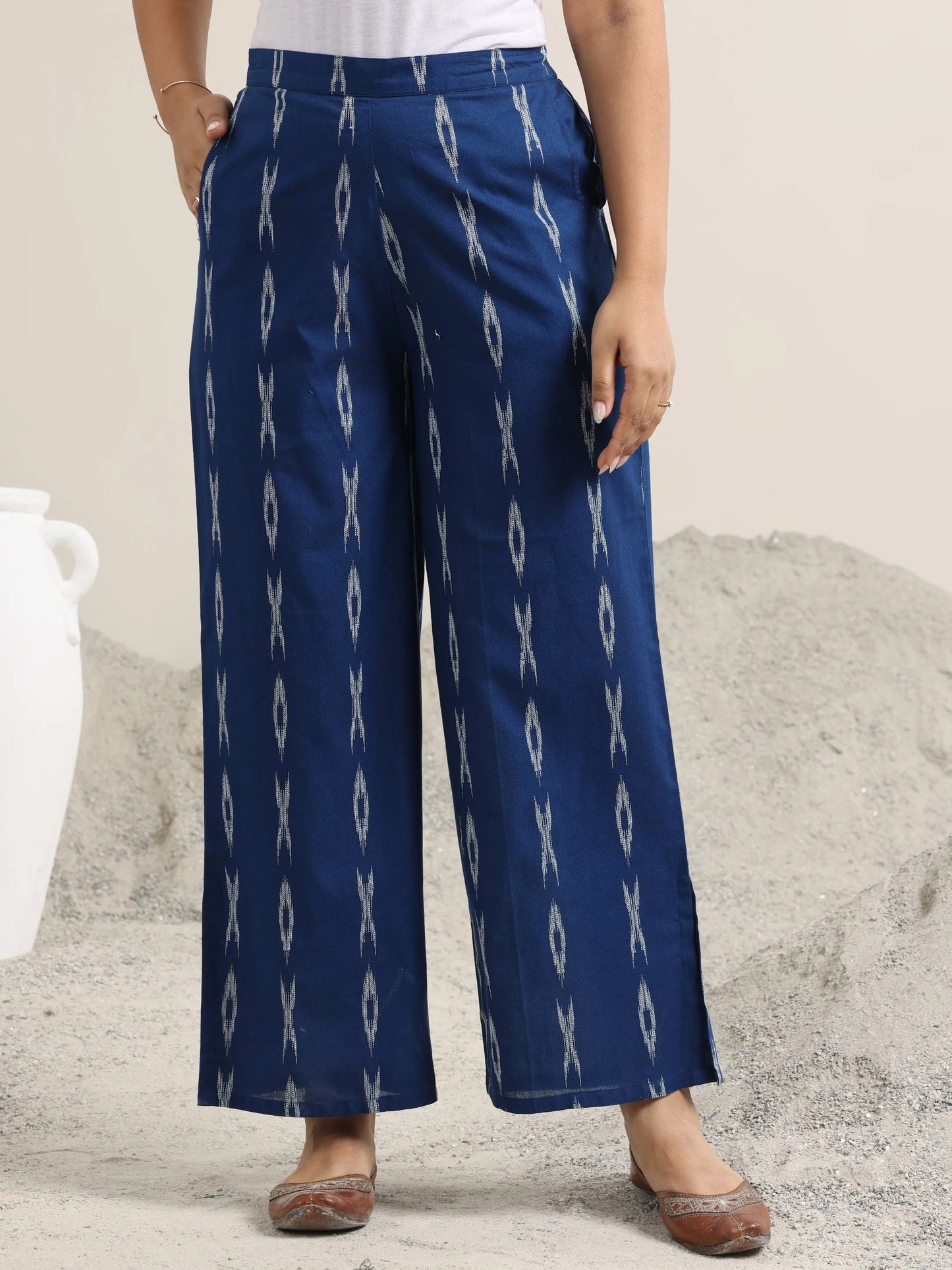 Blue Woven Design Cotton Straight Suit With Dupatta