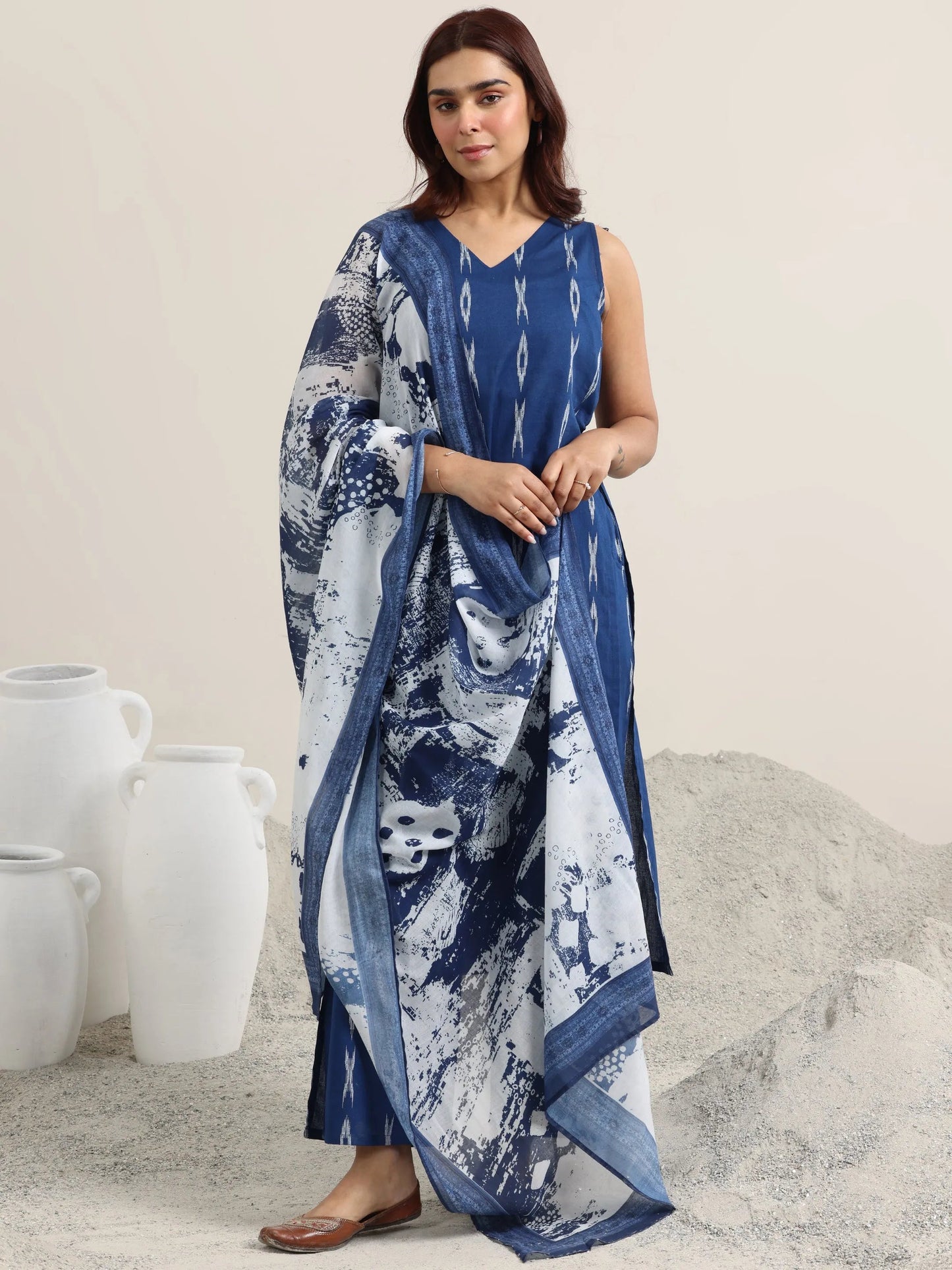 Blue Woven Design Cotton Straight Suit With Dupatta