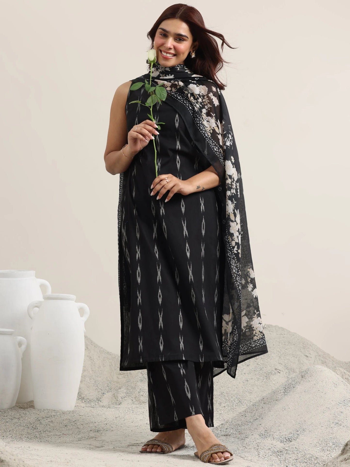 Black Woven Design Cotton Straight Suit With Dupatta
