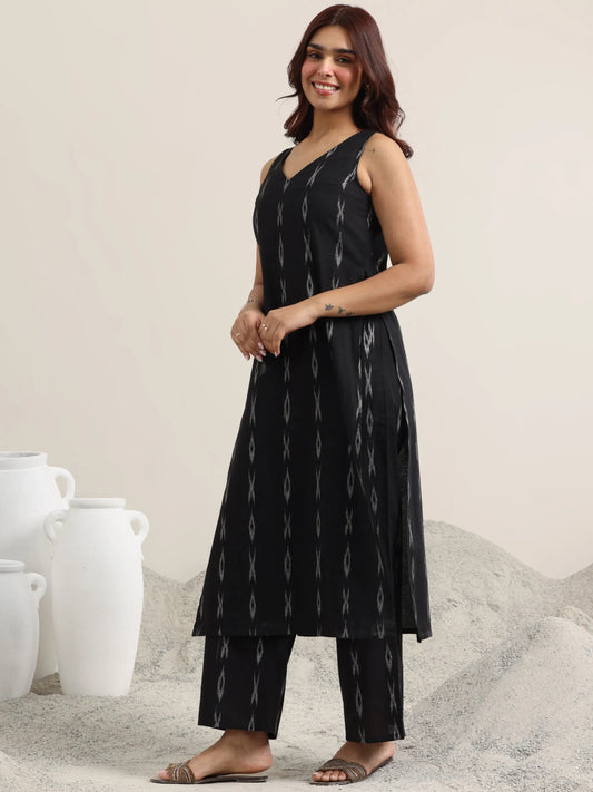 Black Woven Design Cotton Straight Suit With Dupatta