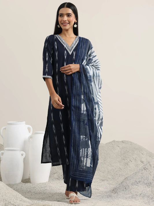 Blue Woven Design Cotton Straight Suit With Dupatta