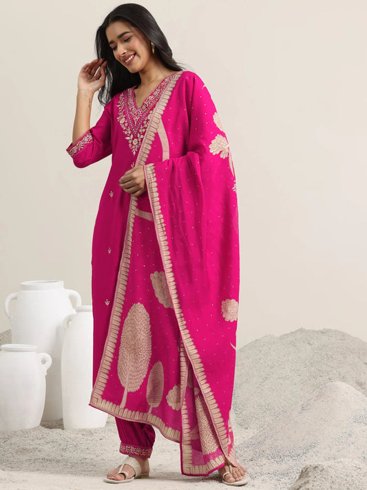 Pink Embroidered Rayon Straight Suit With Dupatta